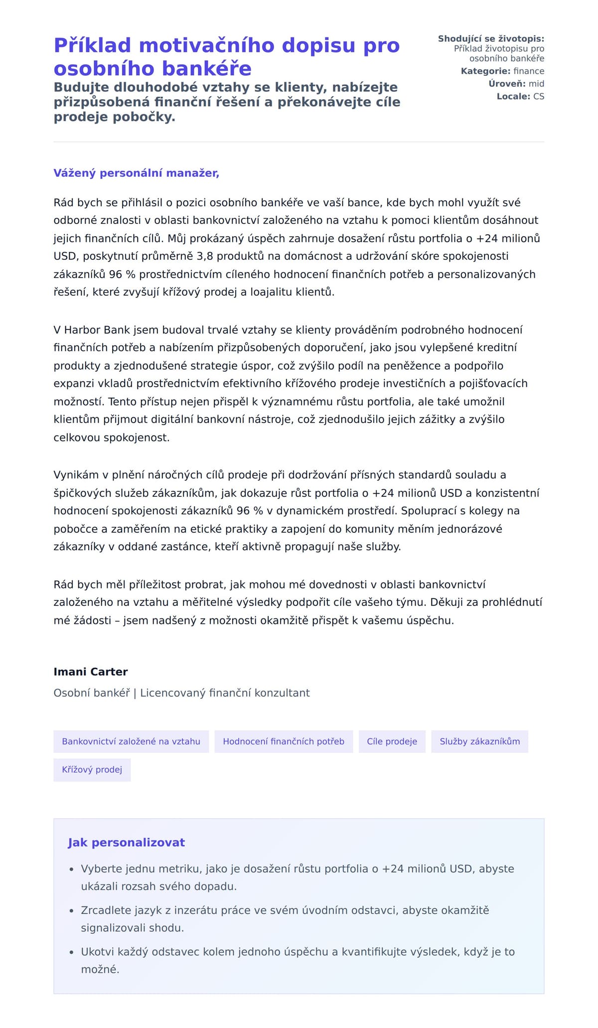Náhled motivačního dopisu pro Příklad motivačního dopisu pro osobního bankéře