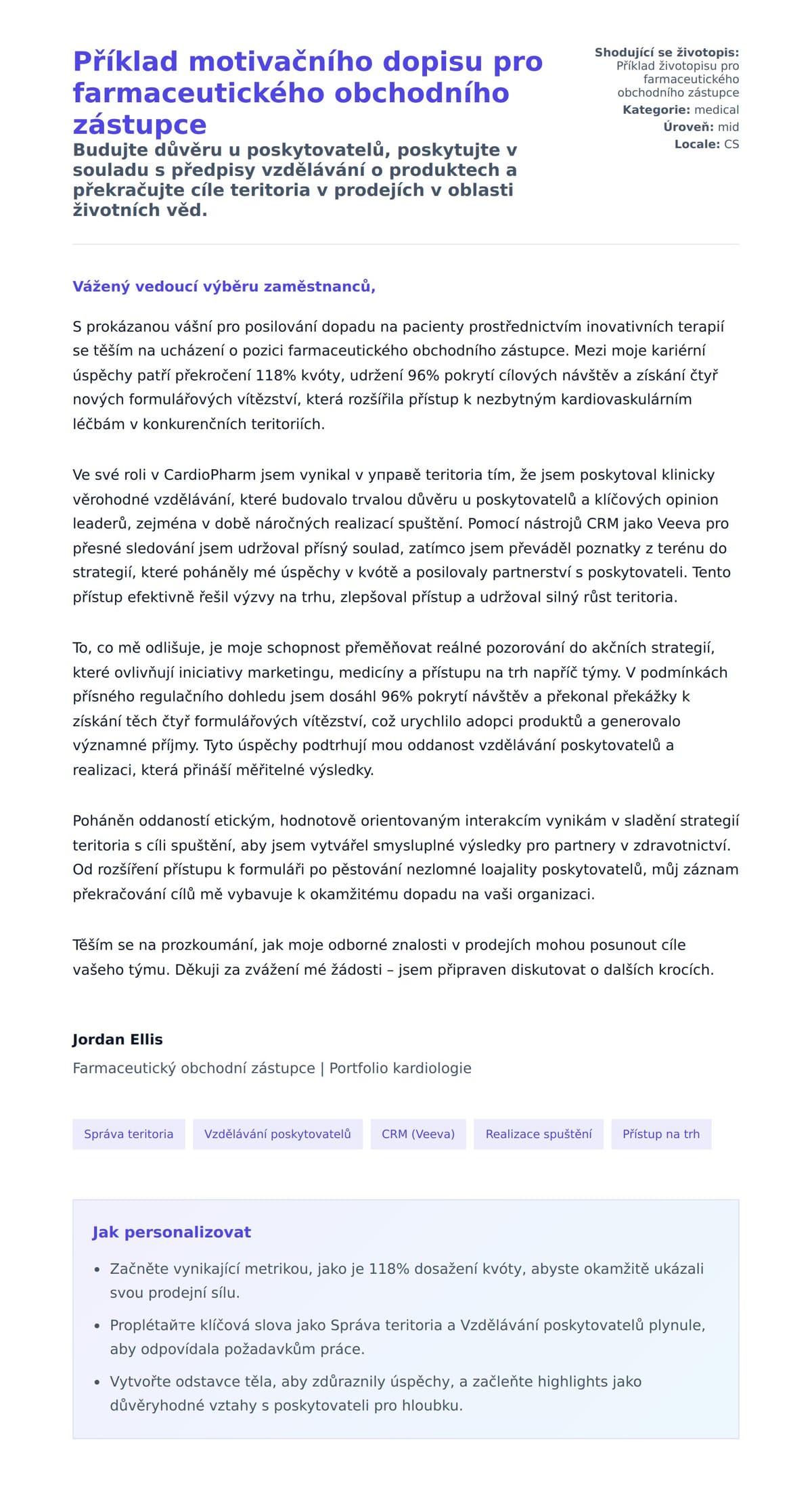 Náhled motivačního dopisu pro Příklad motivačního dopisu pro farmaceutického obchodního zástupce