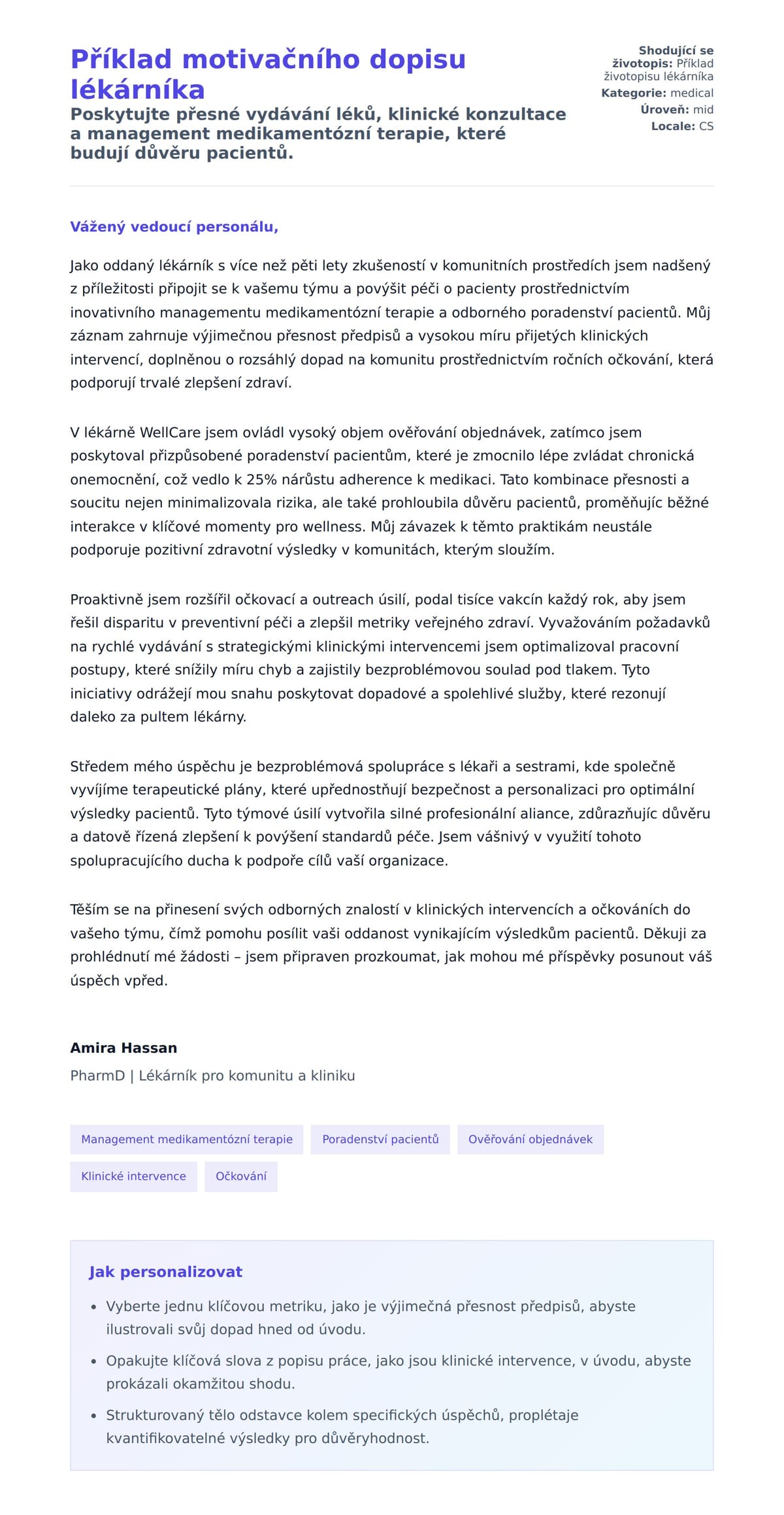 Náhled motivačního dopisu pro Příklad motivačního dopisu lékárníka