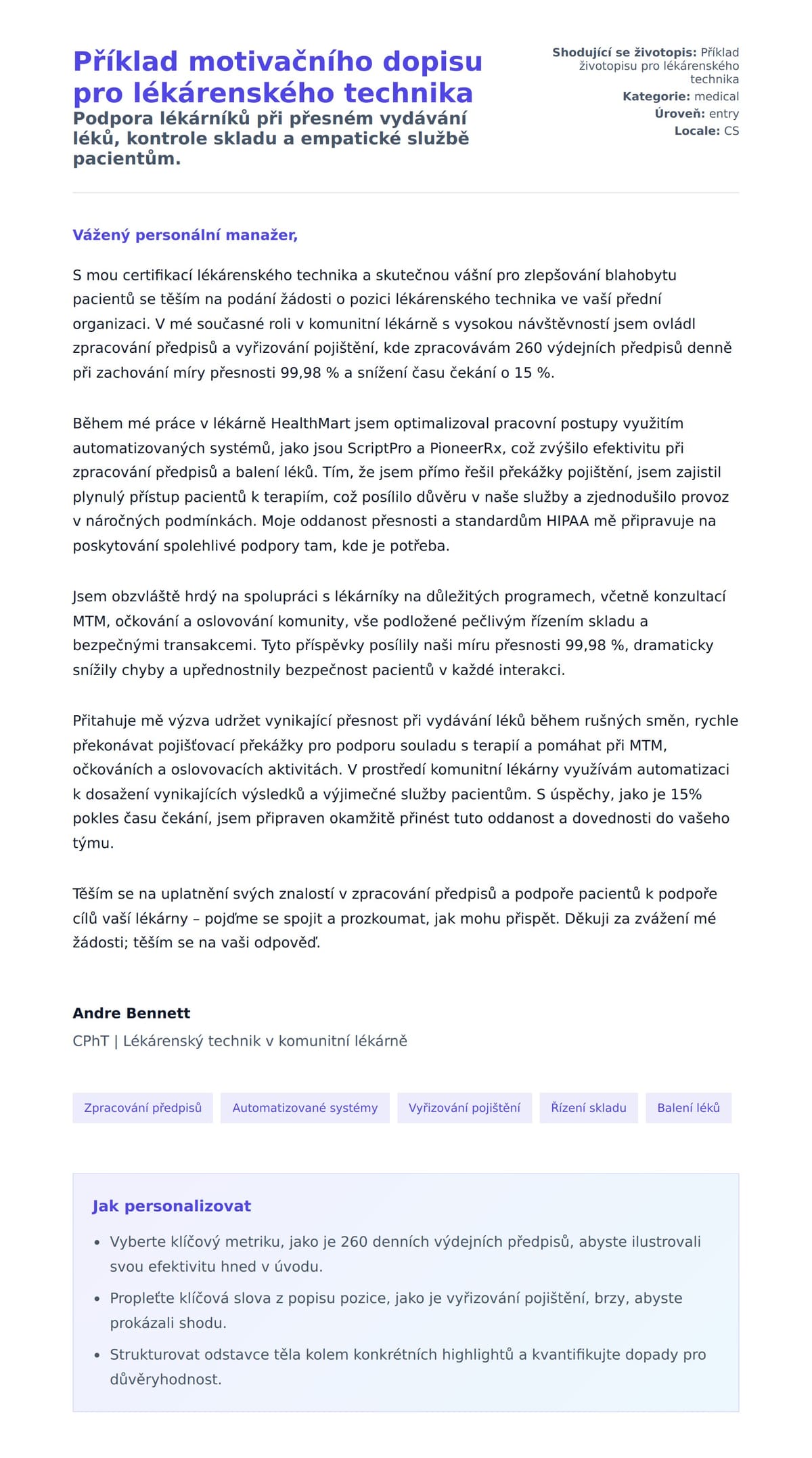 Náhled motivačního dopisu pro Příklad motivačního dopisu pro lékárenského technika