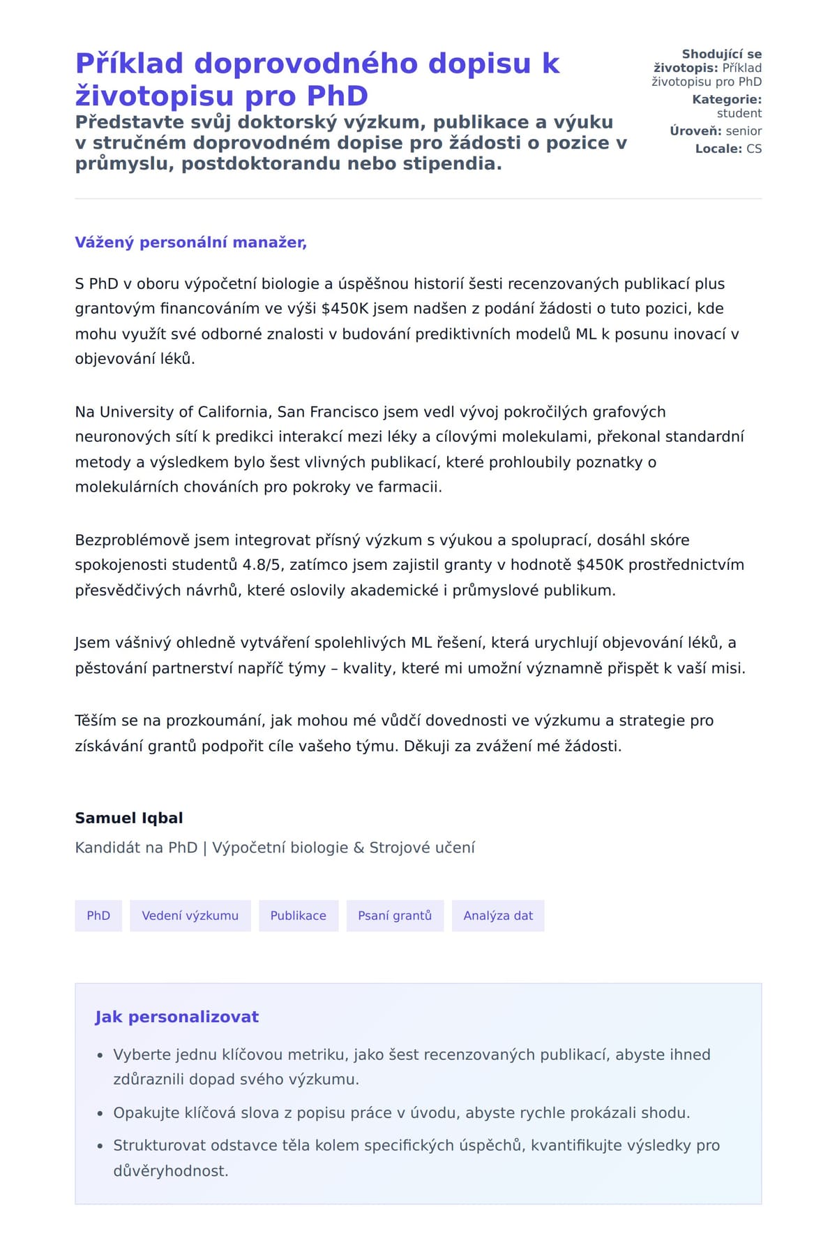 Náhled motivačního dopisu pro Příklad doprovodného dopisu k životopisu pro PhD
