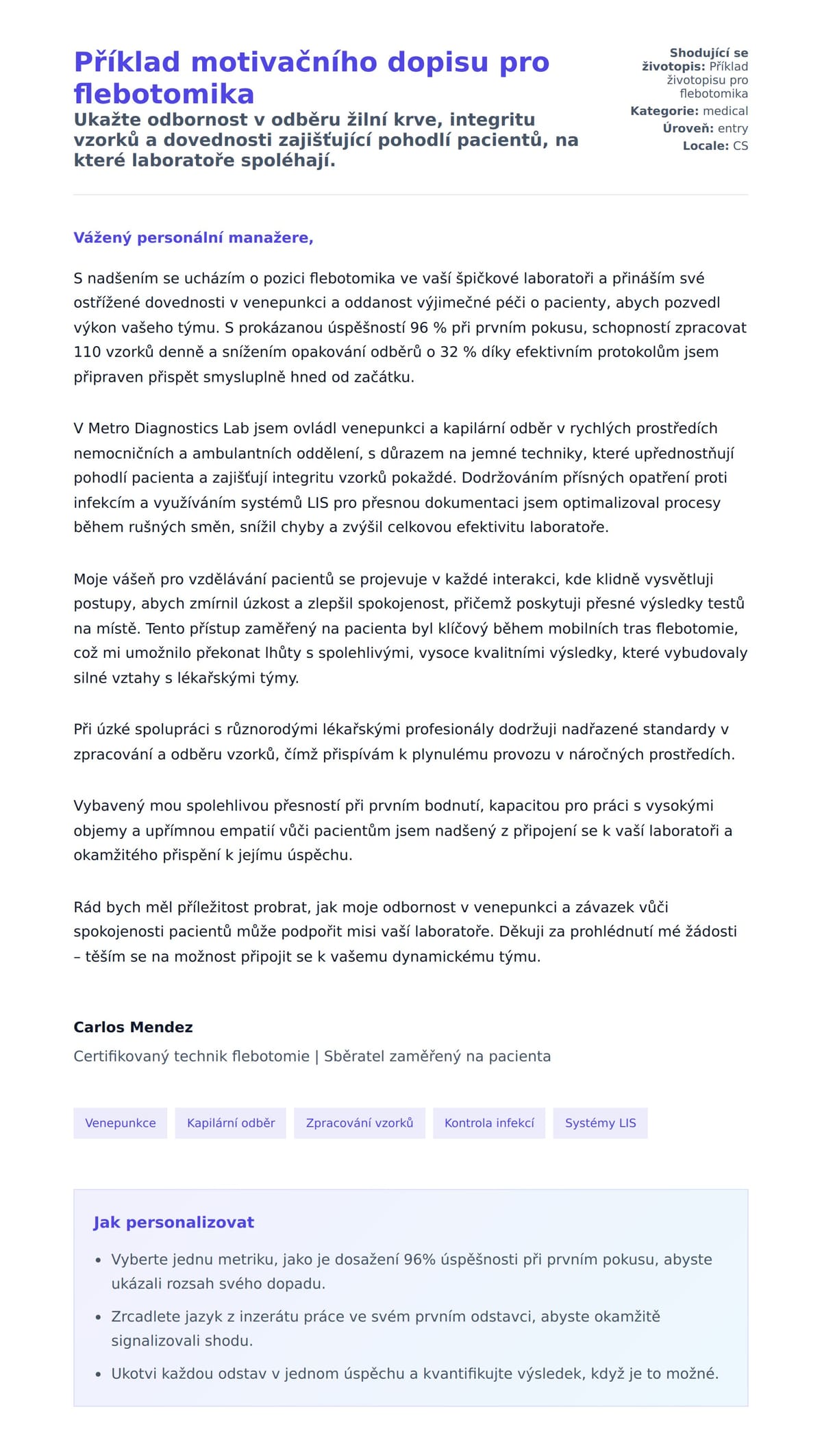 Náhled motivačního dopisu pro Příklad motivačního dopisu pro flebotomika