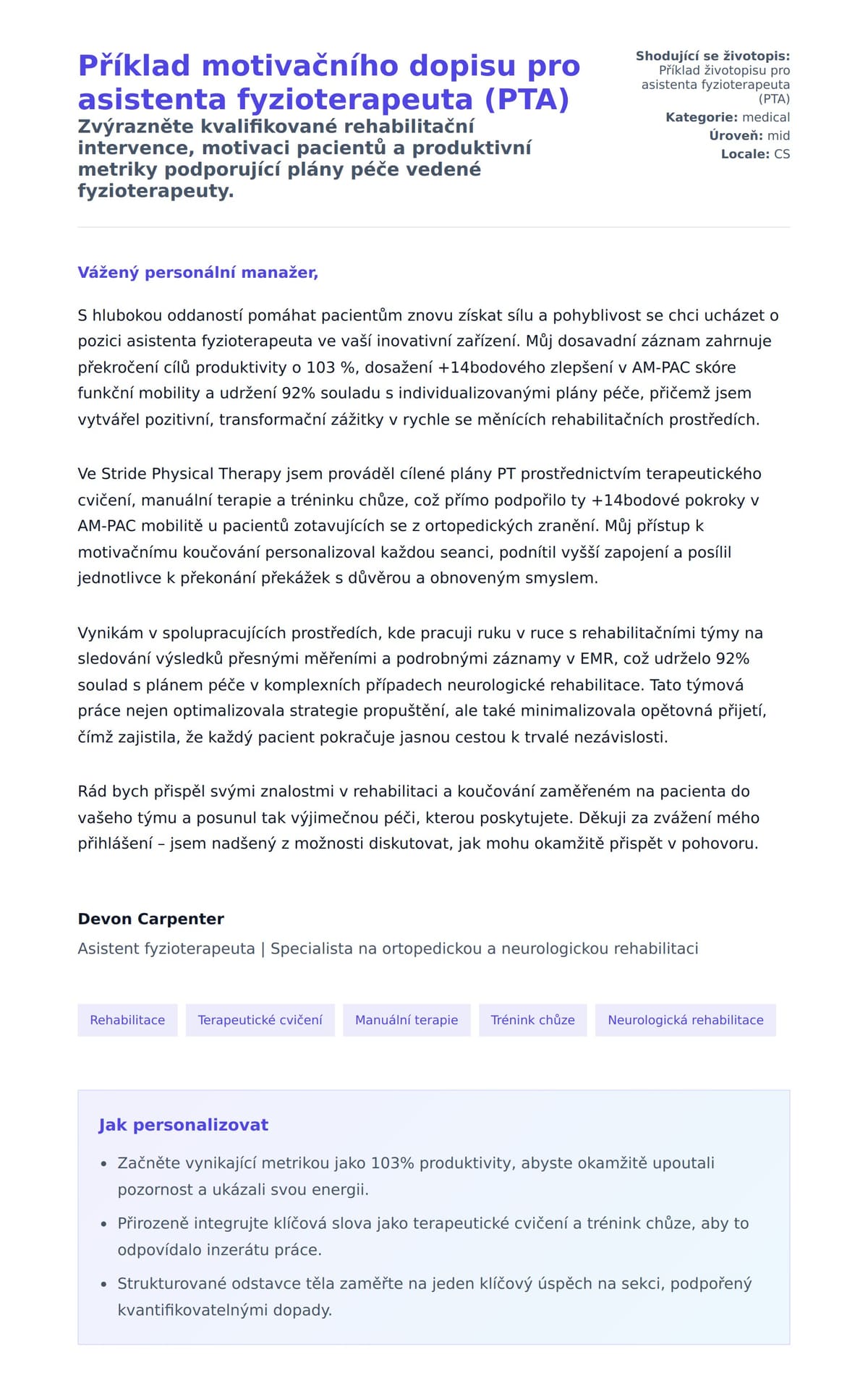 Náhled motivačního dopisu pro Příklad motivačního dopisu pro asistenta fyzioterapeuta (PTA)