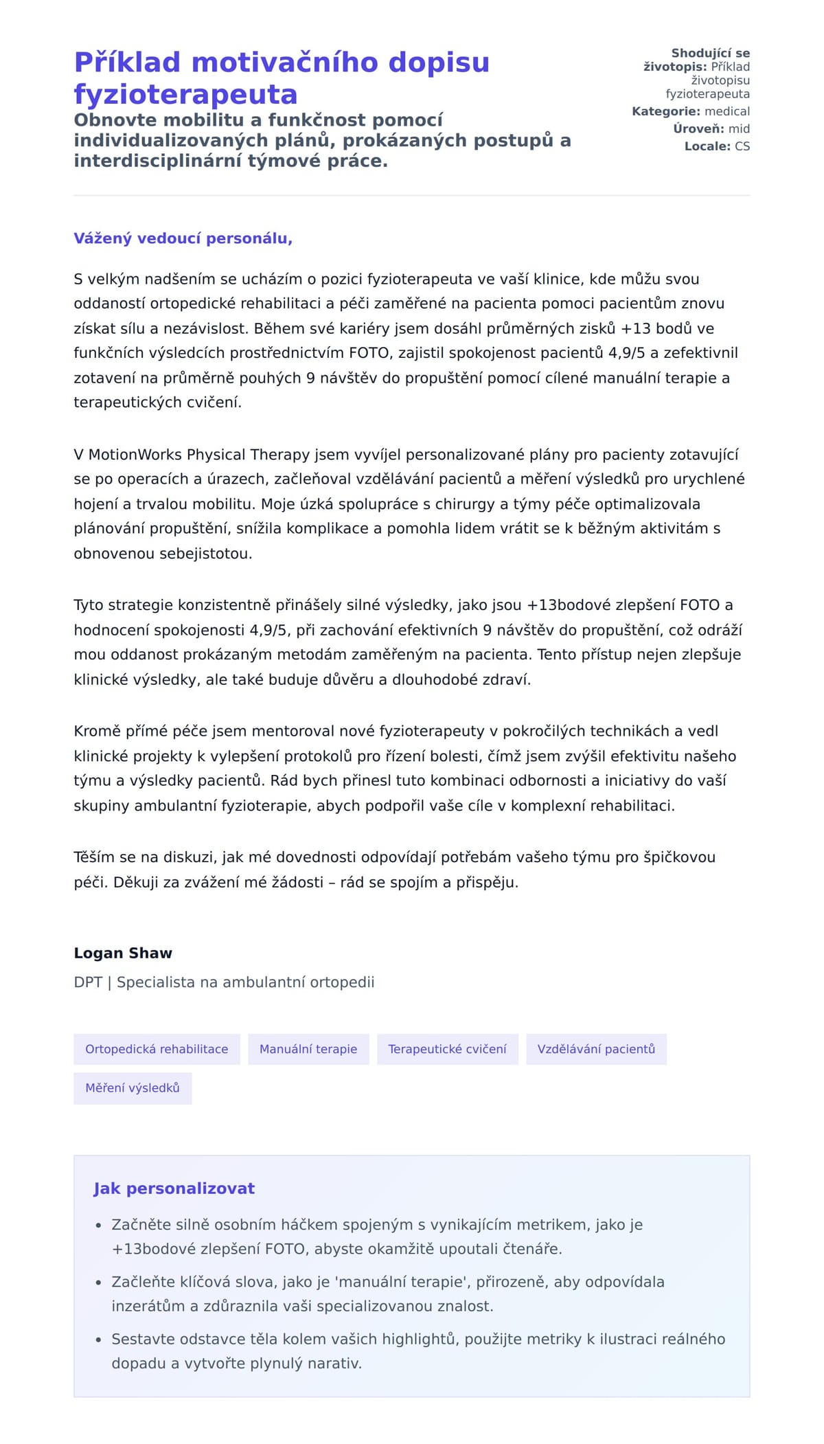 Náhled motivačního dopisu pro Příklad motivačního dopisu fyzioterapeuta