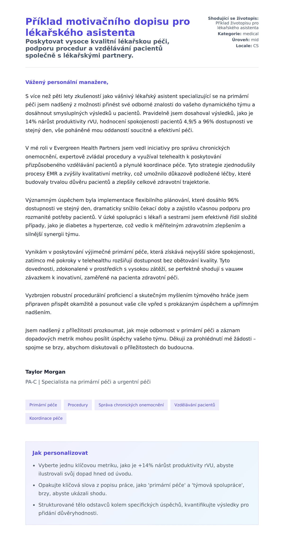 Náhled motivačního dopisu pro Příklad motivačního dopisu pro lékařského asistenta