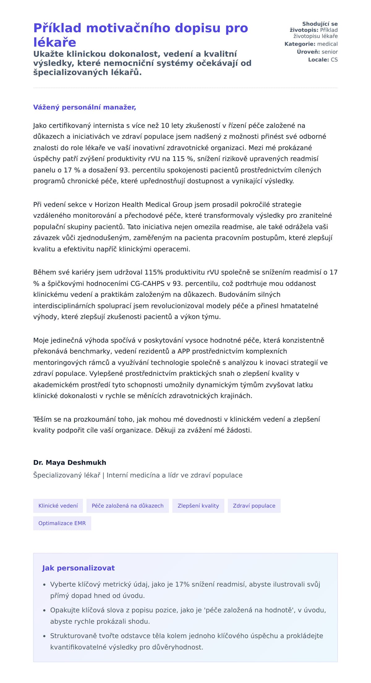 Náhled motivačního dopisu pro Příklad motivačního dopisu pro lékaře