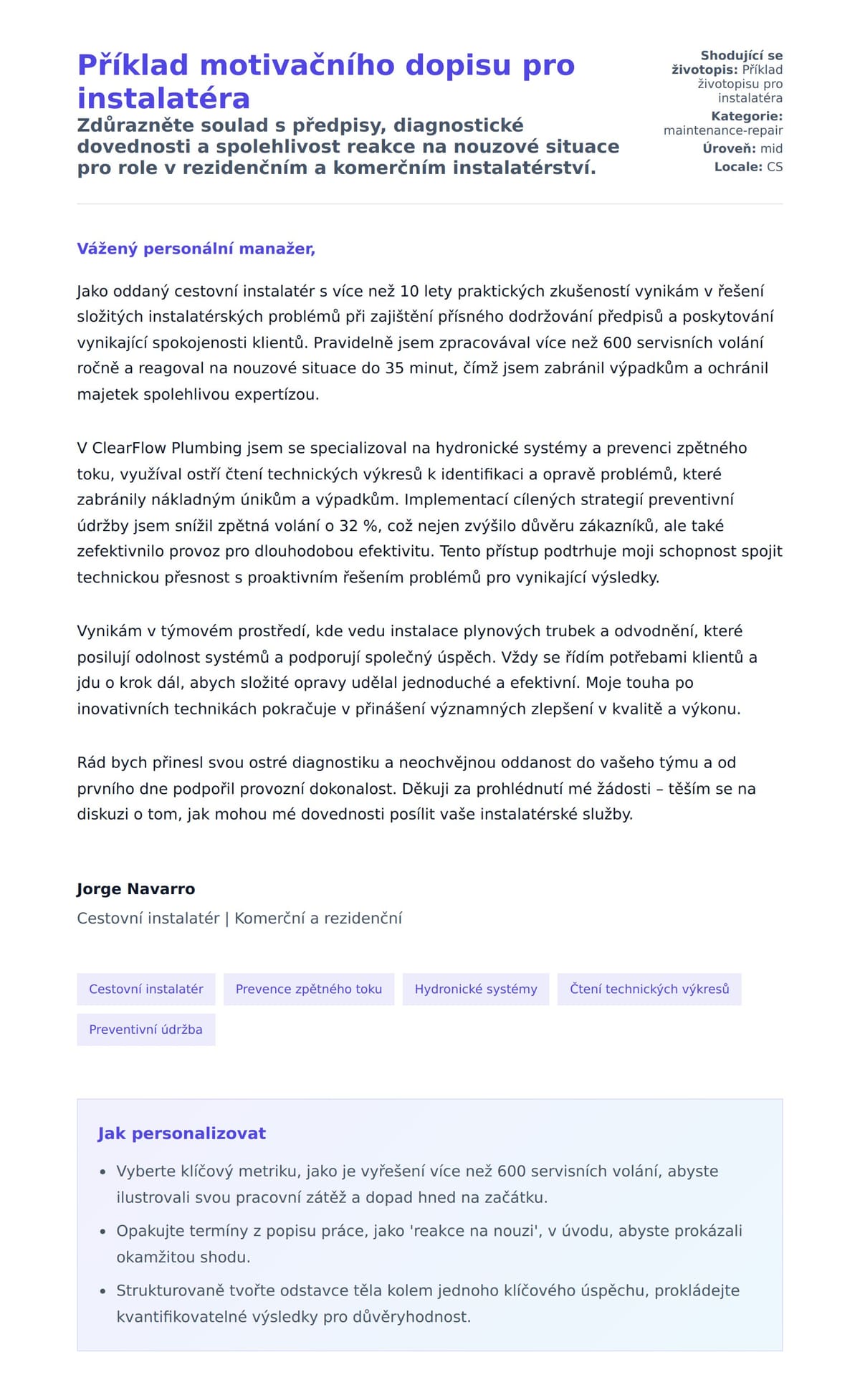 Náhled motivačního dopisu pro Příklad motivačního dopisu pro instalatéra