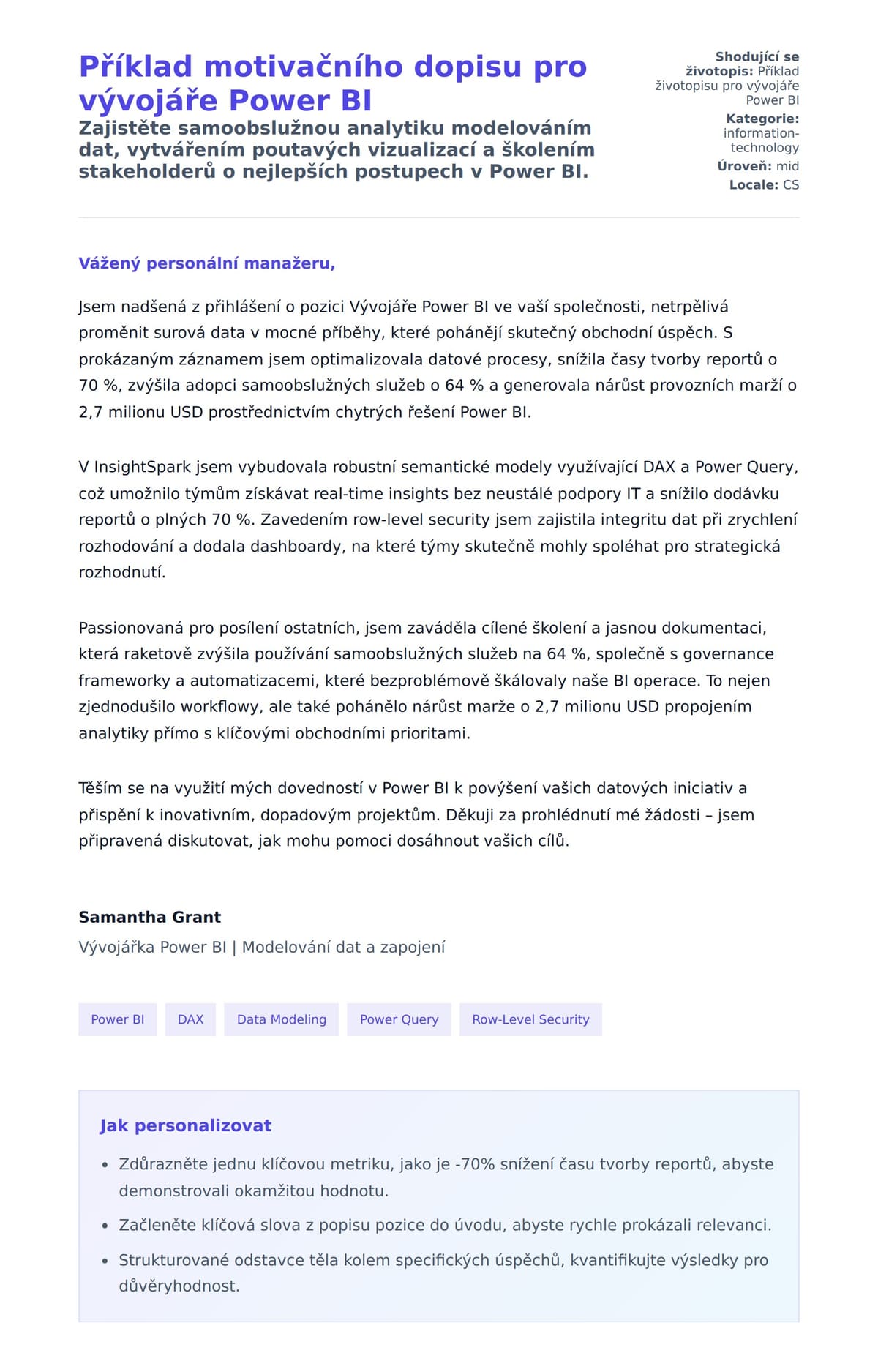 Náhled motivačního dopisu pro Příklad motivačního dopisu pro vývojáře Power BI