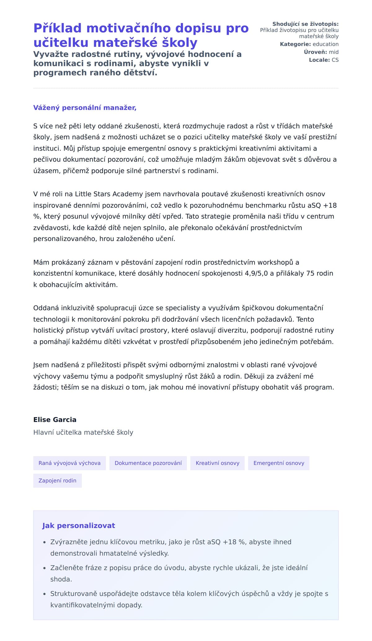 Náhled motivačního dopisu pro Příklad motivačního dopisu pro učitelku mateřské školy