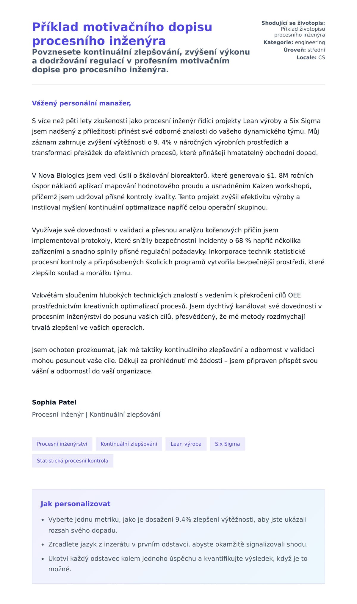 Náhled motivačního dopisu pro Příklad motivačního dopisu procesního inženýra