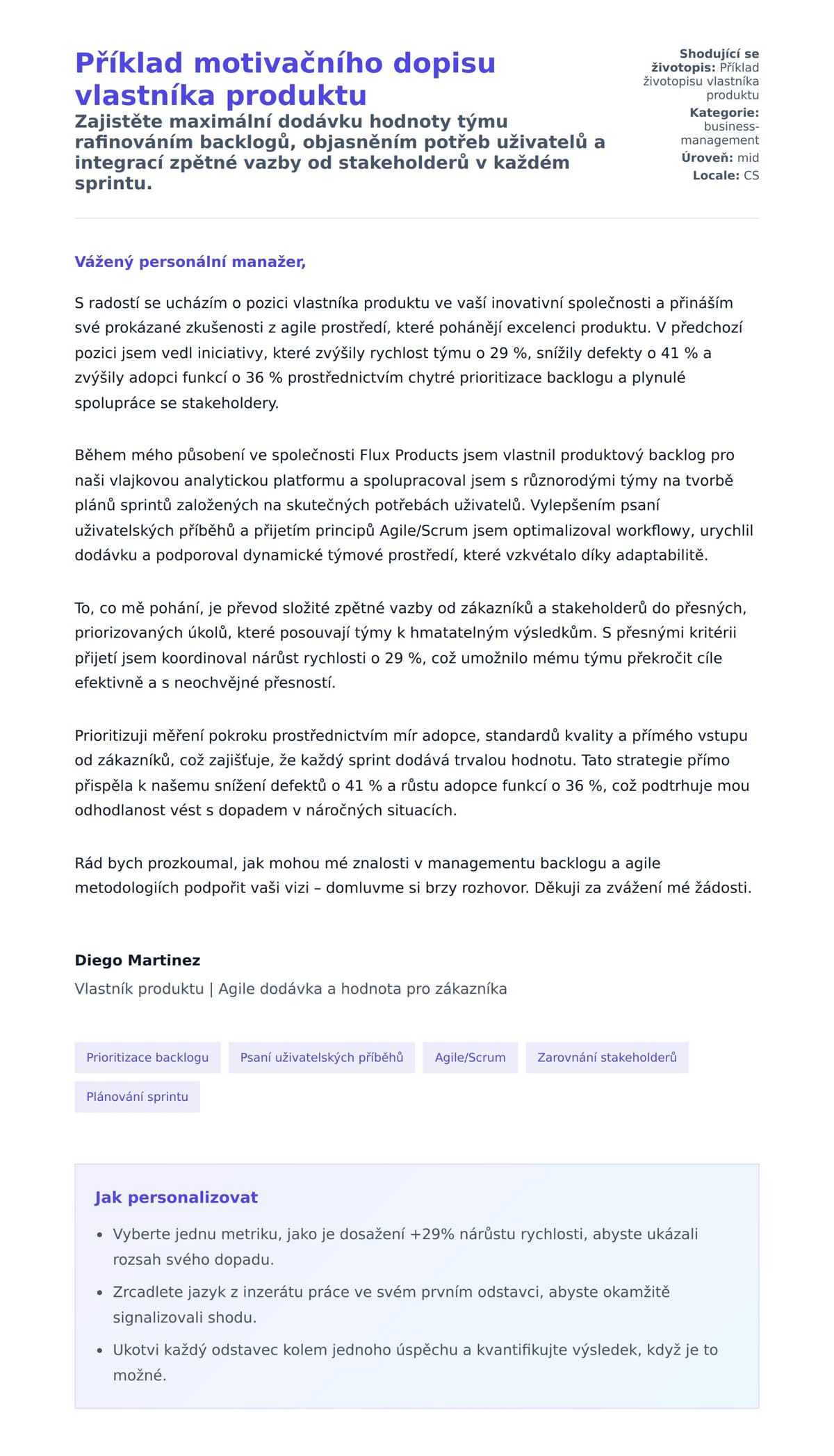 Náhled motivačního dopisu pro Příklad motivačního dopisu vlastníka produktu