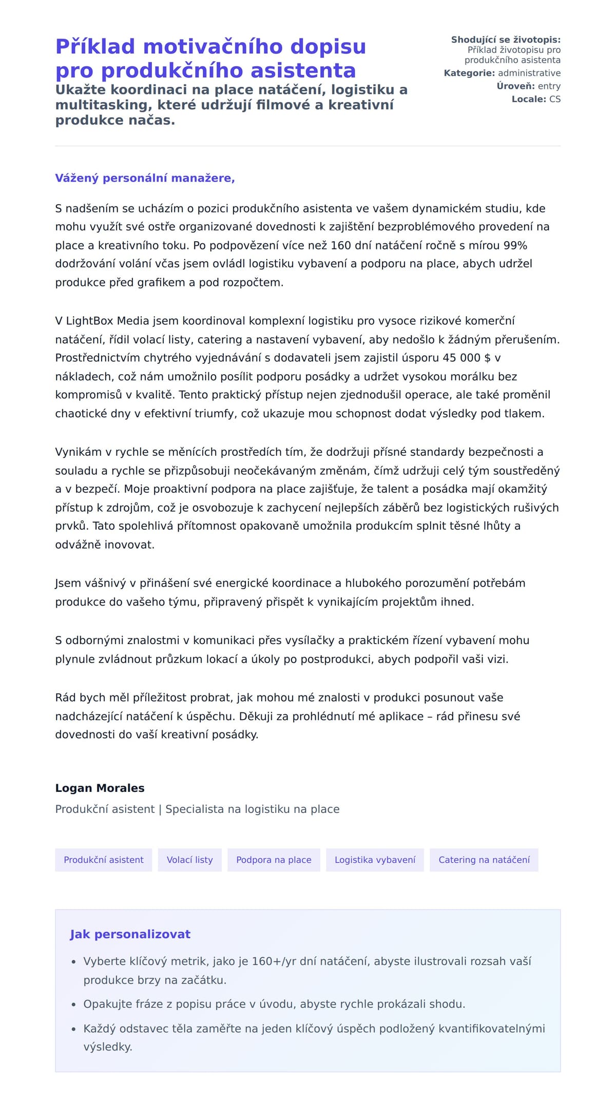 Náhled motivačního dopisu pro Příklad motivačního dopisu pro produkčního asistenta