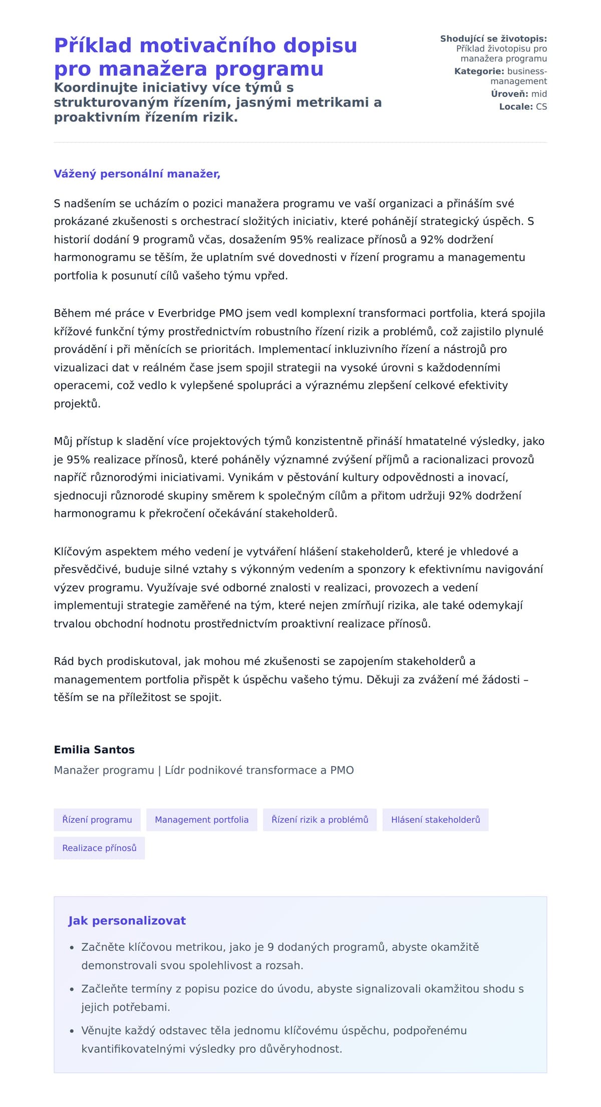 Náhled motivačního dopisu pro Příklad motivačního dopisu pro manažera programu