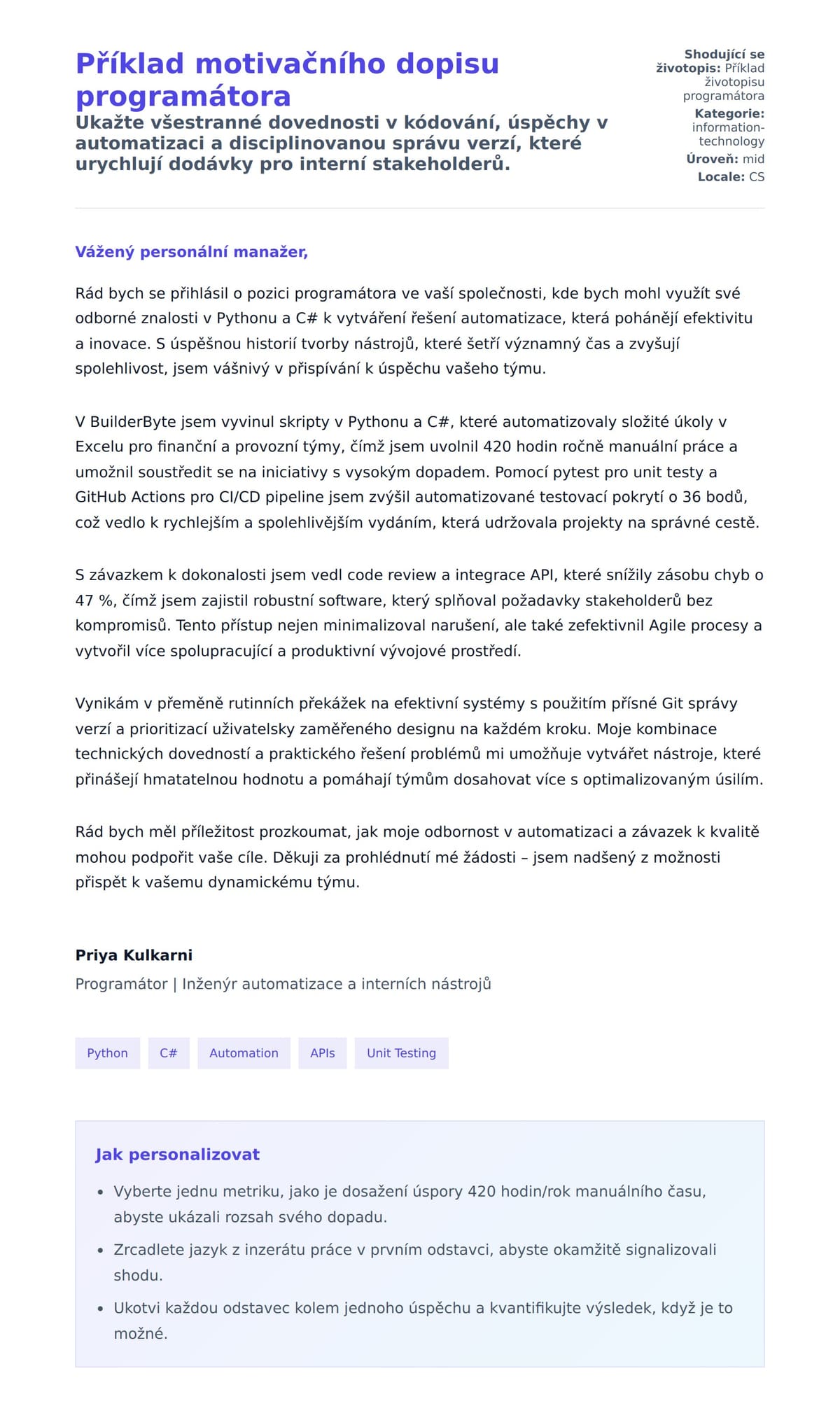 Náhled motivačního dopisu pro Příklad motivačního dopisu programátora