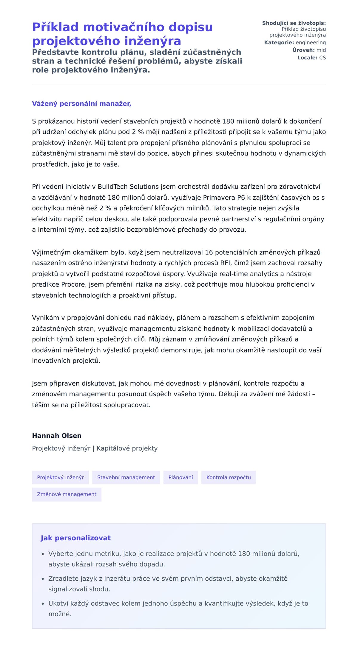 Náhled motivačního dopisu pro Příklad motivačního dopisu projektového inženýra