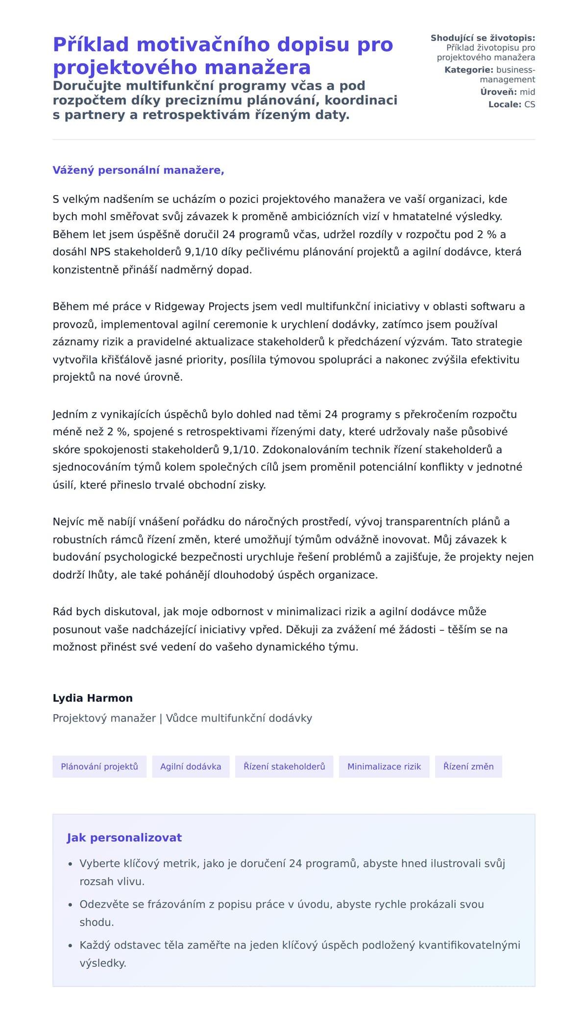 Náhled motivačního dopisu pro Příklad motivačního dopisu pro projektového manažera