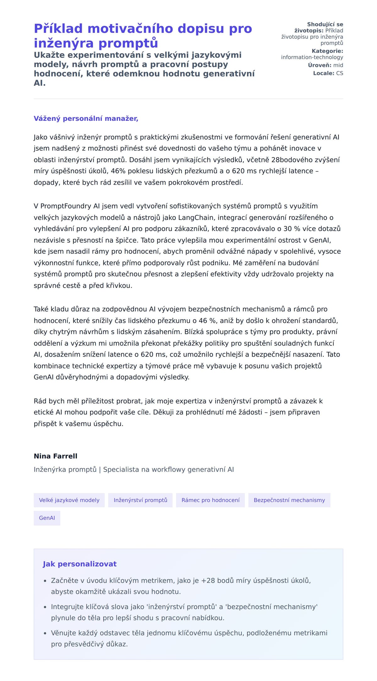 Náhled motivačního dopisu pro Příklad motivačního dopisu pro inženýra promptů