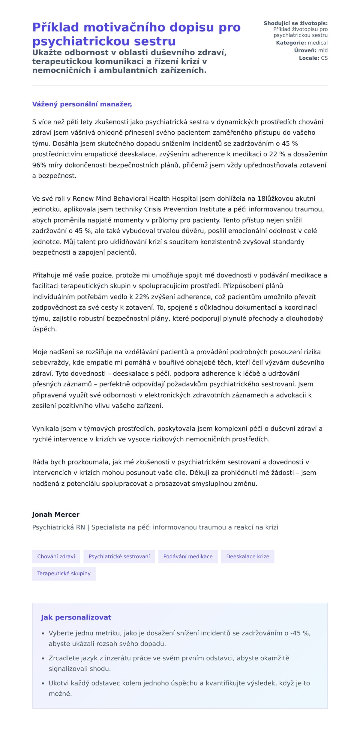 Náhled motivačního dopisu pro Příklad motivačního dopisu pro psychiatrickou sestru