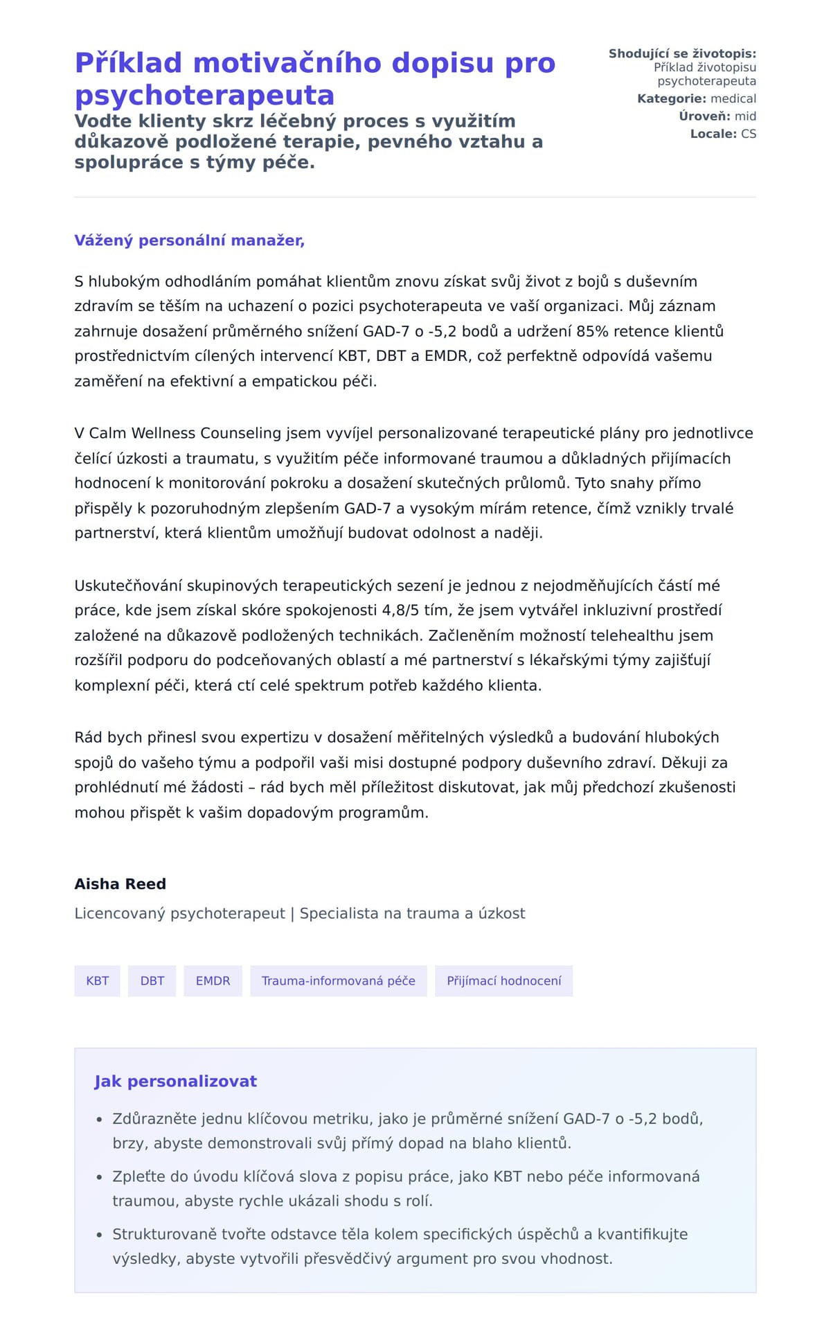 Náhled motivačního dopisu pro Příklad motivačního dopisu pro psychoterapeuta