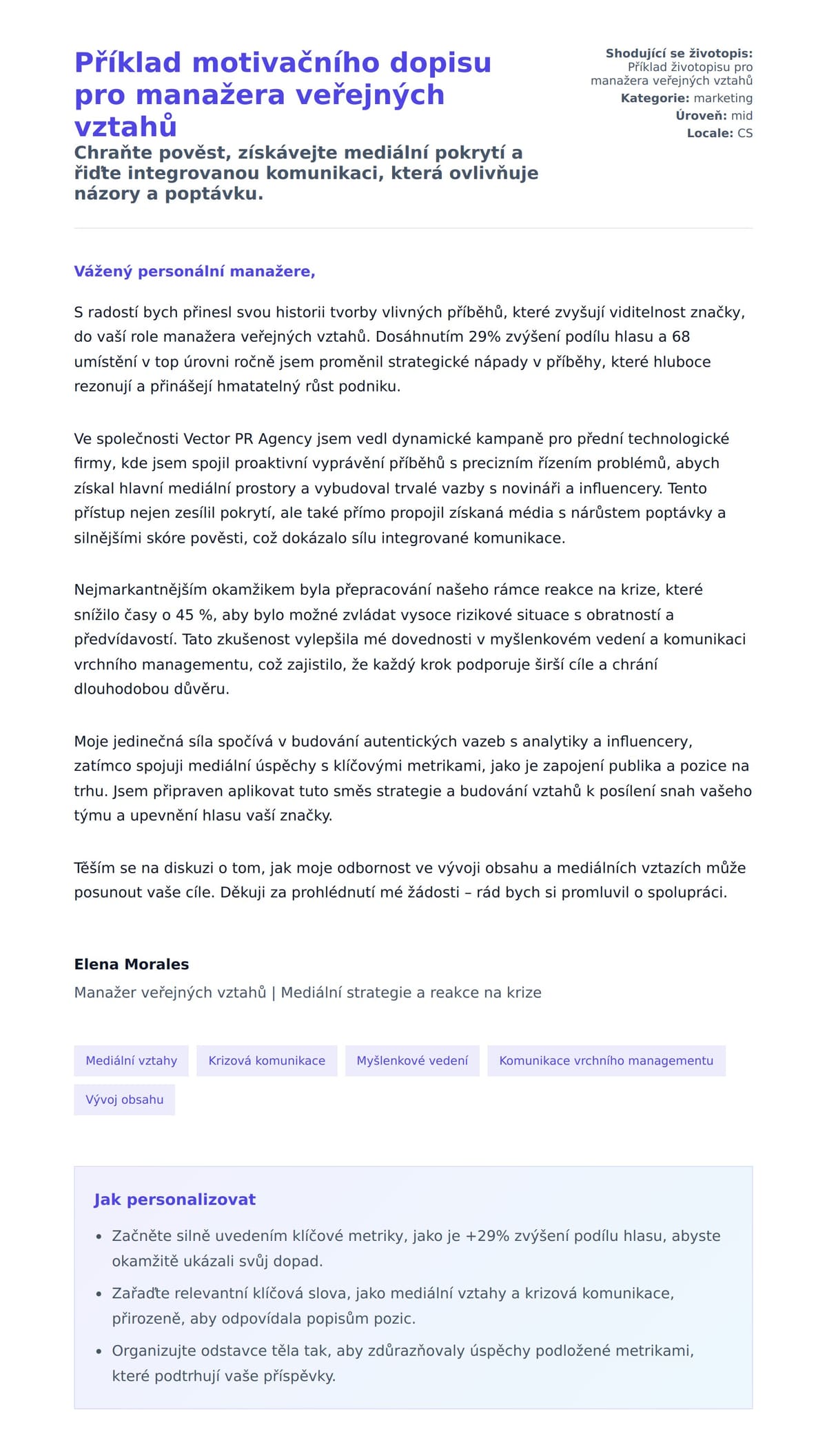 Náhled motivačního dopisu pro Příklad motivačního dopisu pro manažera veřejných vztahů