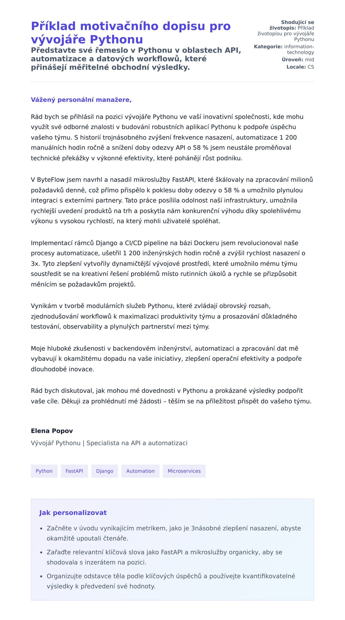 Náhled motivačního dopisu pro Příklad motivačního dopisu pro vývojáře Pythonu