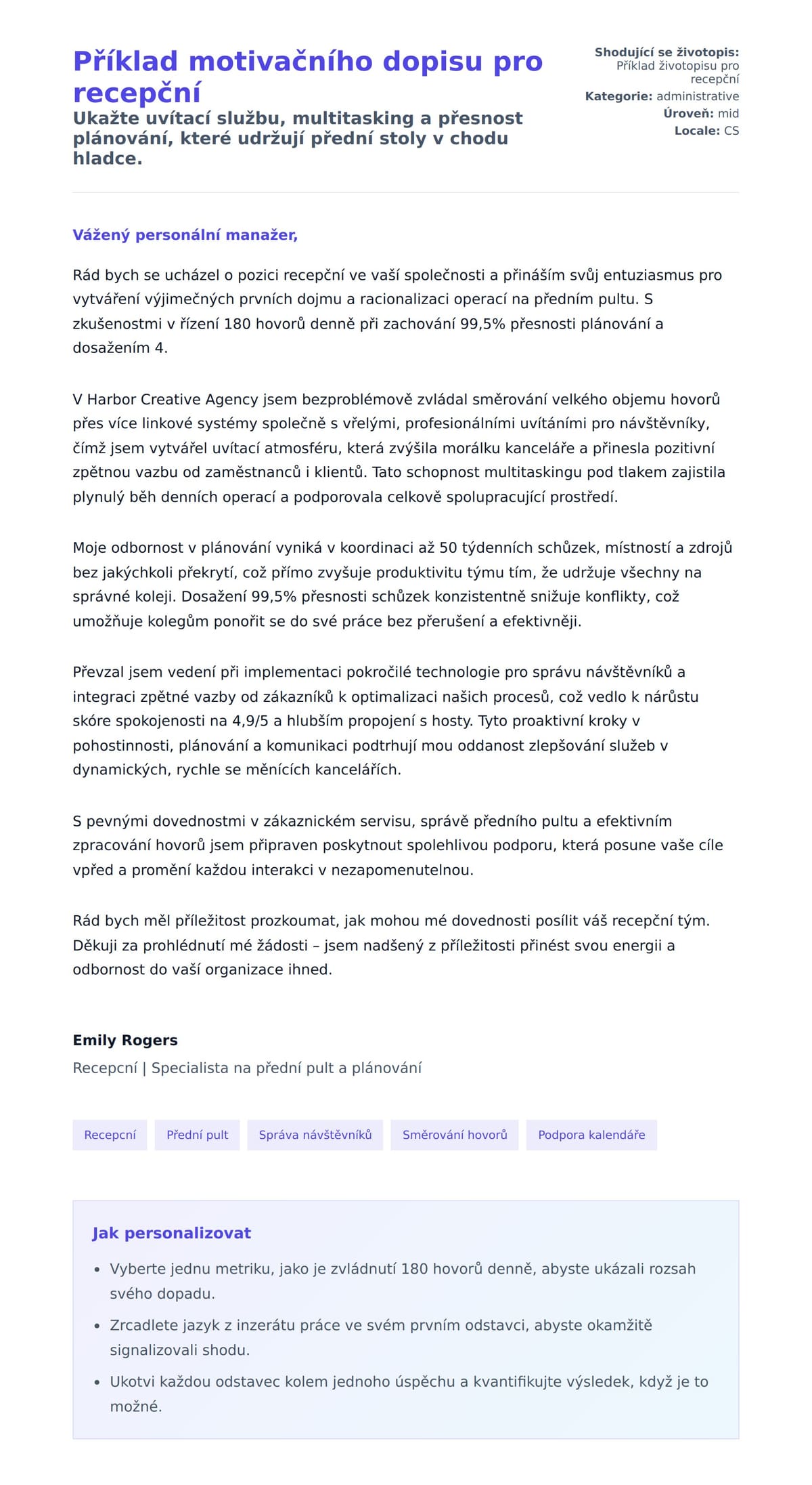 Náhled motivačního dopisu pro Příklad motivačního dopisu pro recepční