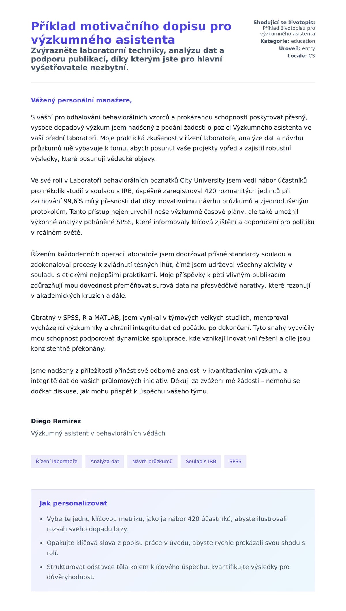 Náhled motivačního dopisu pro Příklad motivačního dopisu pro výzkumného asistenta