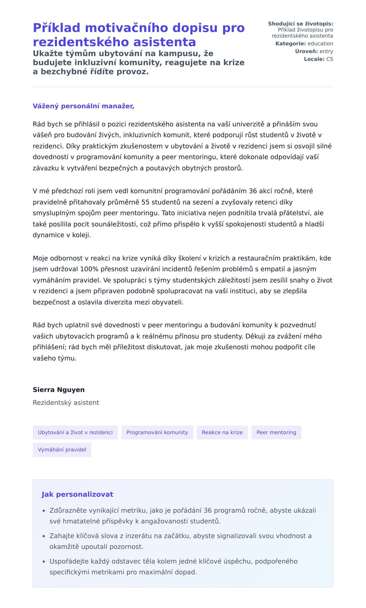 Náhled motivačního dopisu pro Příklad motivačního dopisu pro rezidentského asistenta