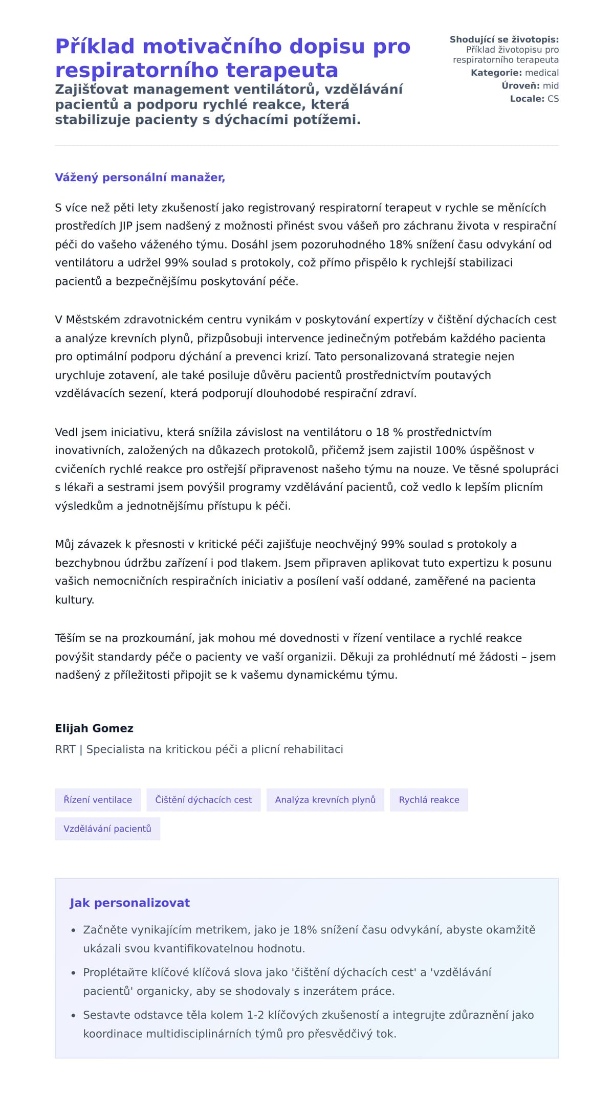 Náhled motivačního dopisu pro Příklad motivačního dopisu pro respiratorního terapeuta