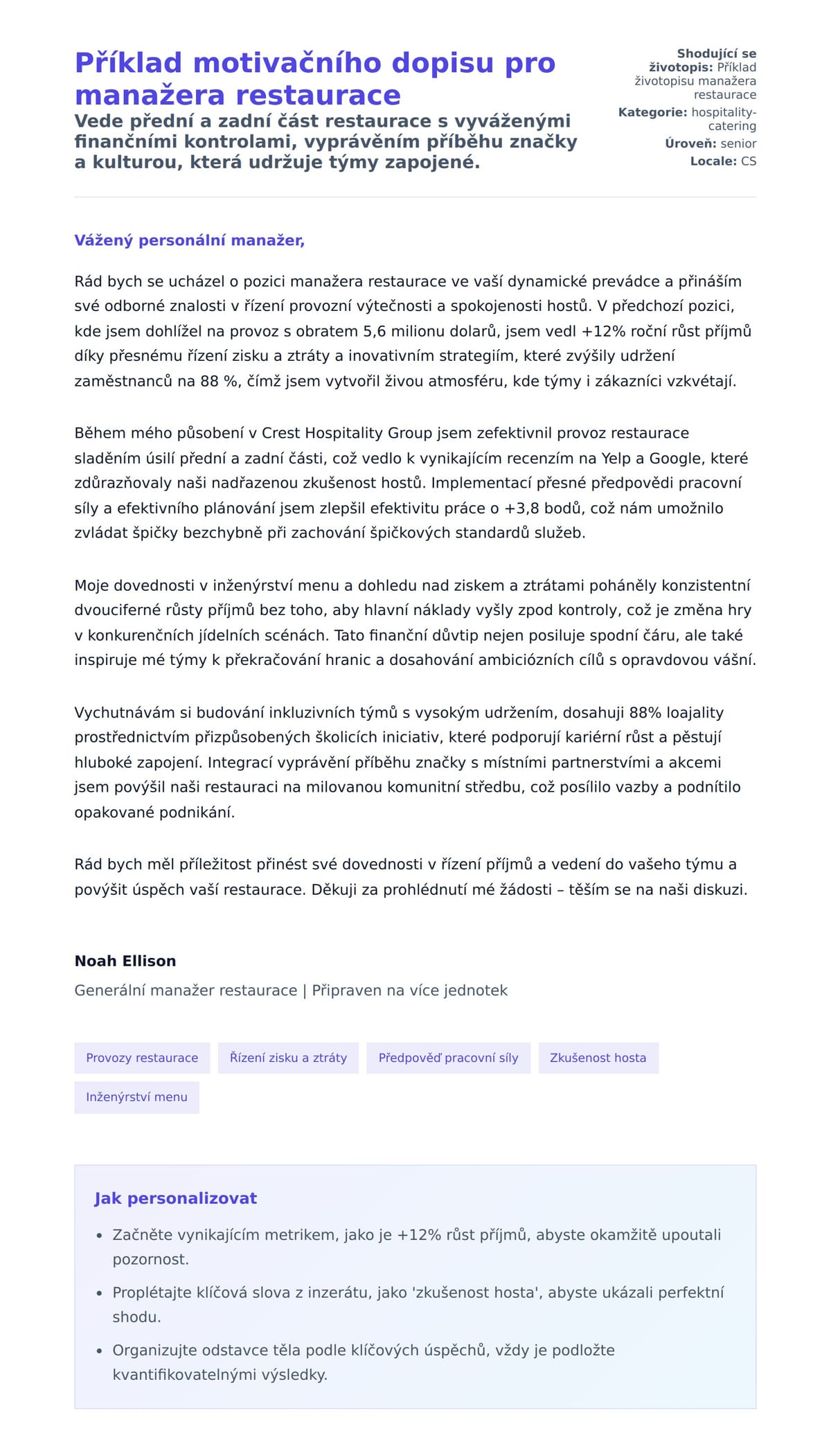 Náhled motivačního dopisu pro Příklad motivačního dopisu pro manažera restaurace