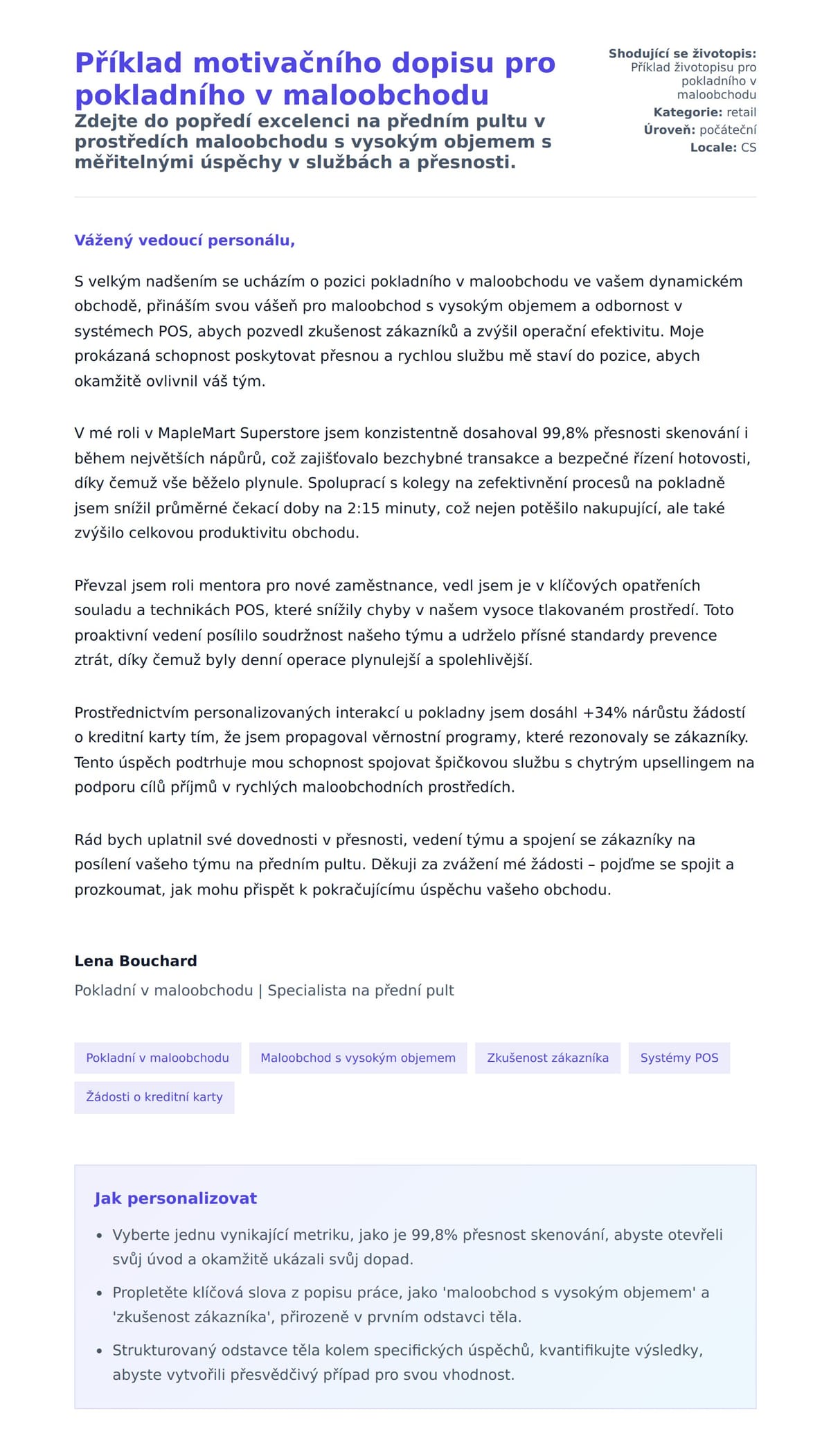 Náhled motivačního dopisu pro Příklad motivačního dopisu pro pokladního v maloobchodu