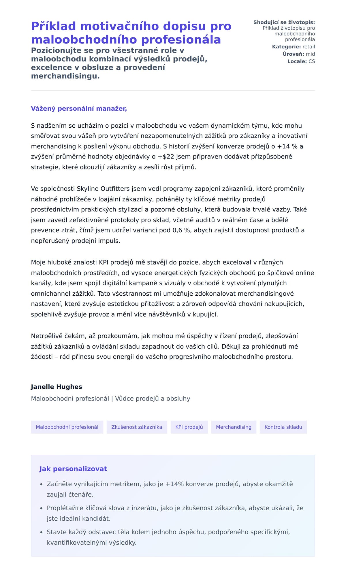 Náhled motivačního dopisu pro Příklad motivačního dopisu pro maloobchodního profesionála