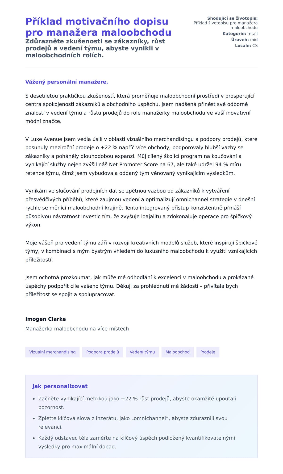 Náhled motivačního dopisu pro Příklad motivačního dopisu pro manažera maloobchodu
