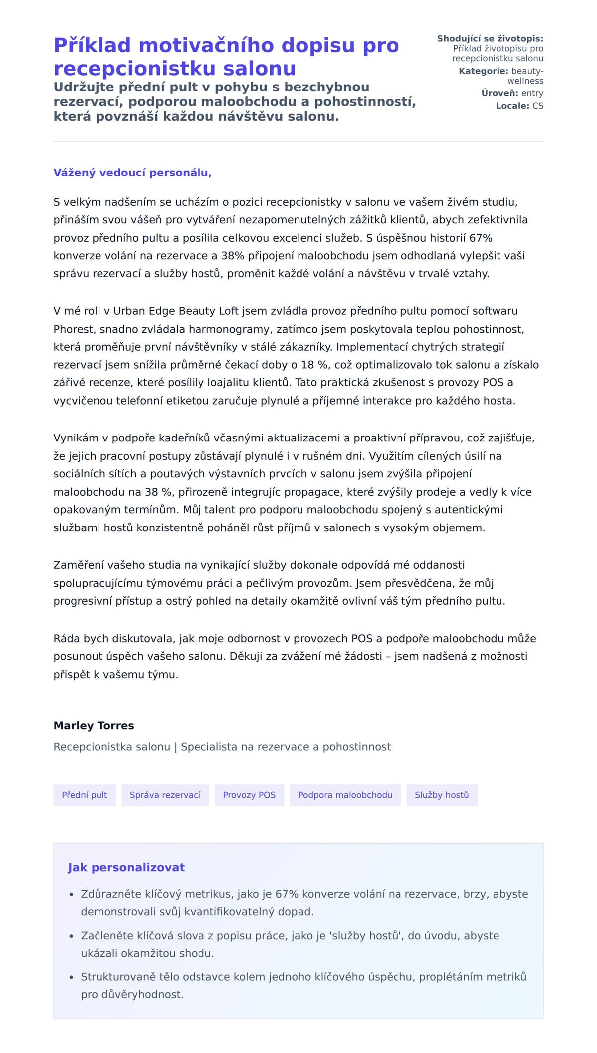Náhled motivačního dopisu pro Příklad motivačního dopisu pro recepcionistku salonu
