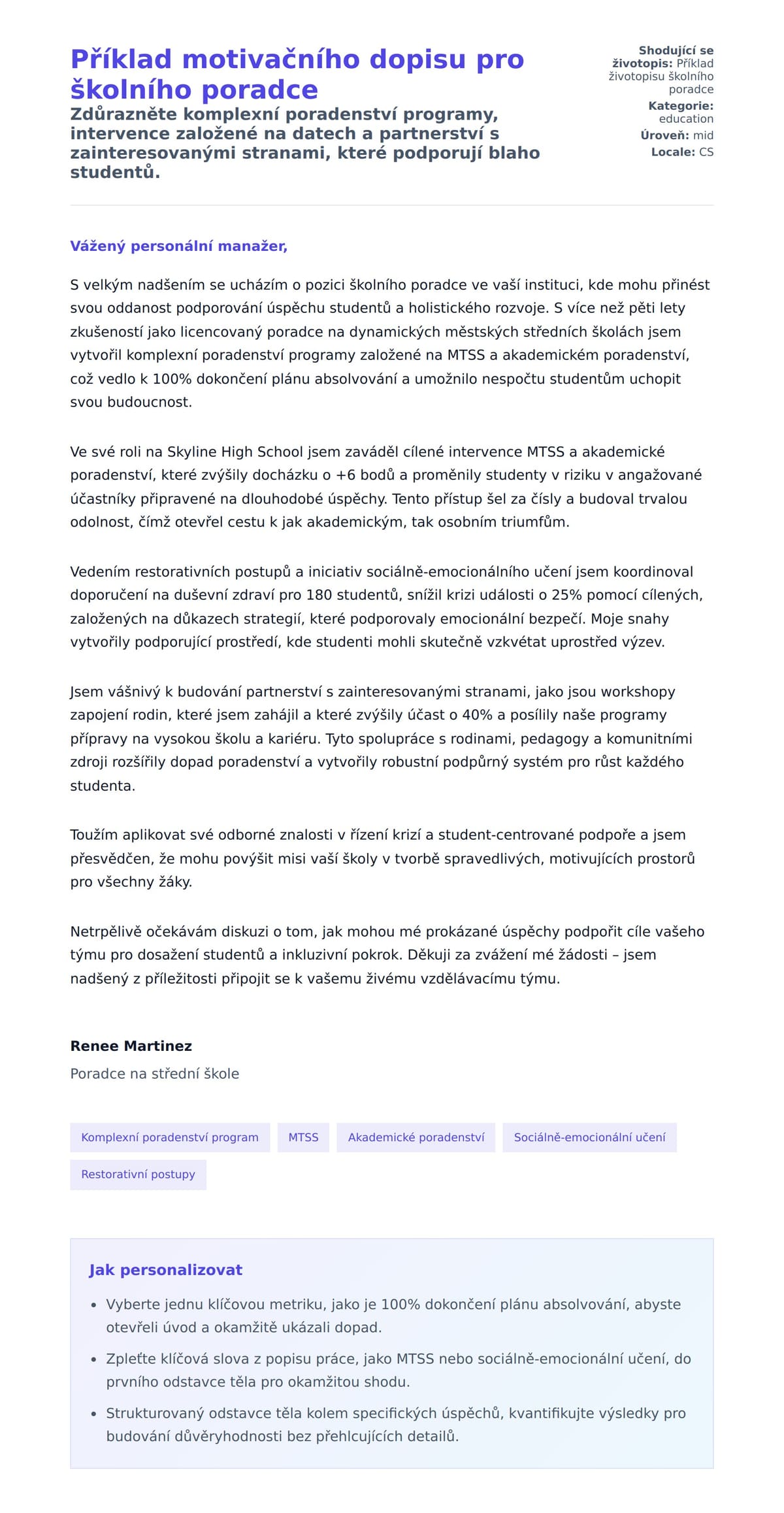 Náhled motivačního dopisu pro Příklad motivačního dopisu pro školního poradce