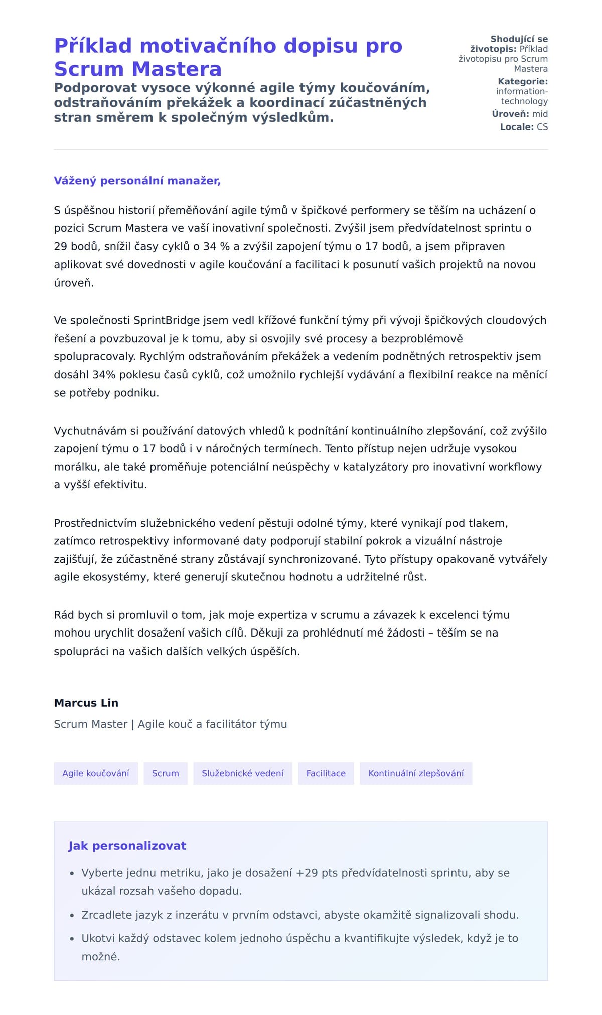 Náhled motivačního dopisu pro Příklad motivačního dopisu pro Scrum Mastera