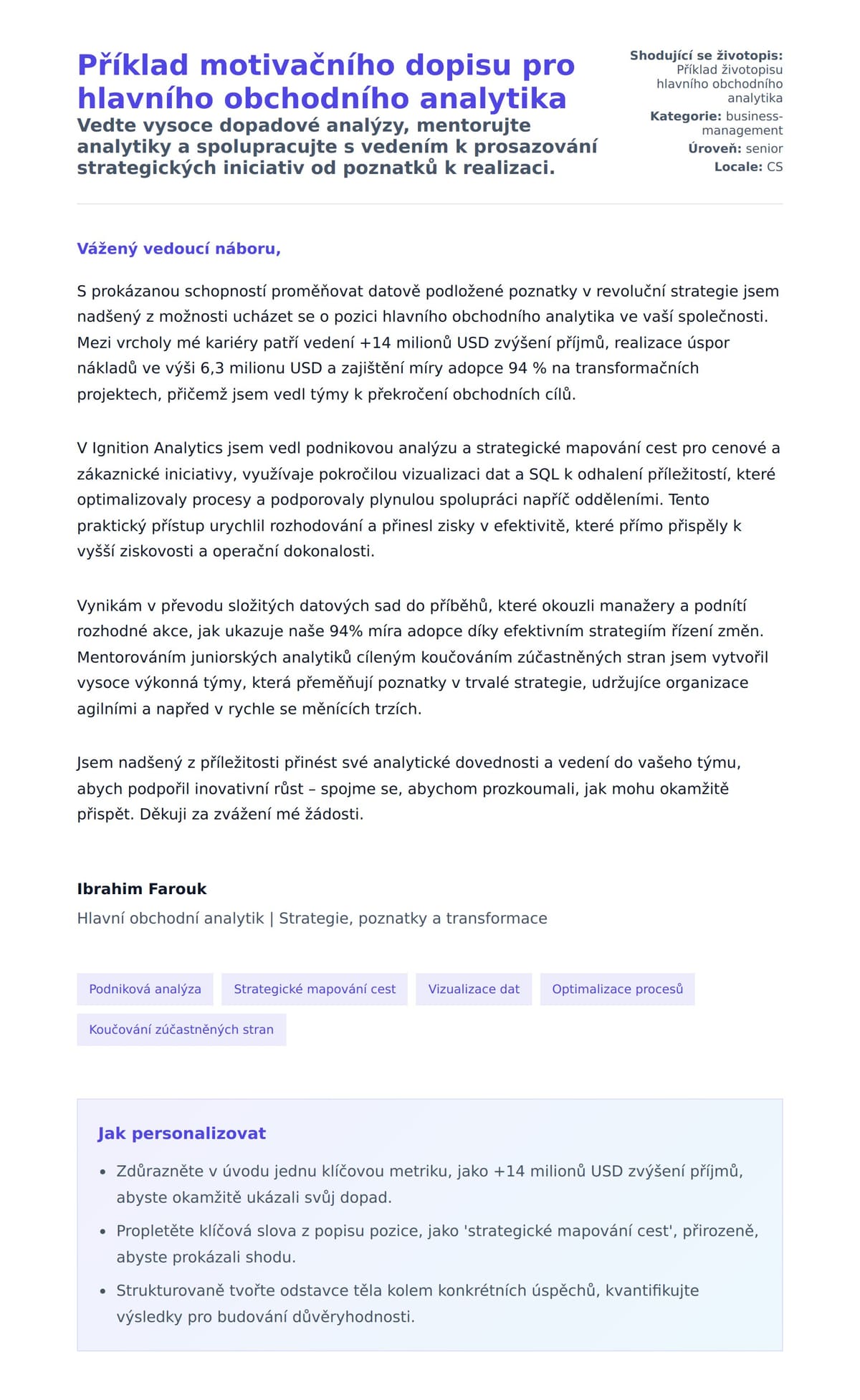 Náhled motivačního dopisu pro Příklad motivačního dopisu pro hlavního obchodního analytika
