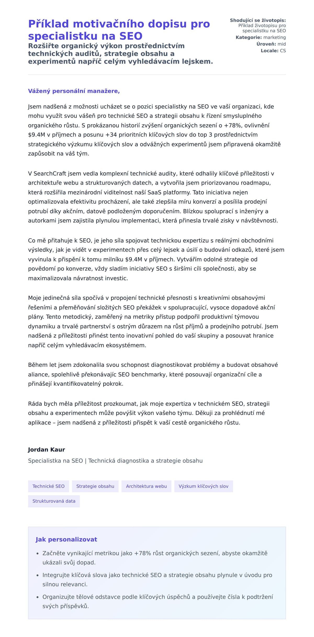 Náhled motivačního dopisu pro Příklad motivačního dopisu pro specialistku na SEO