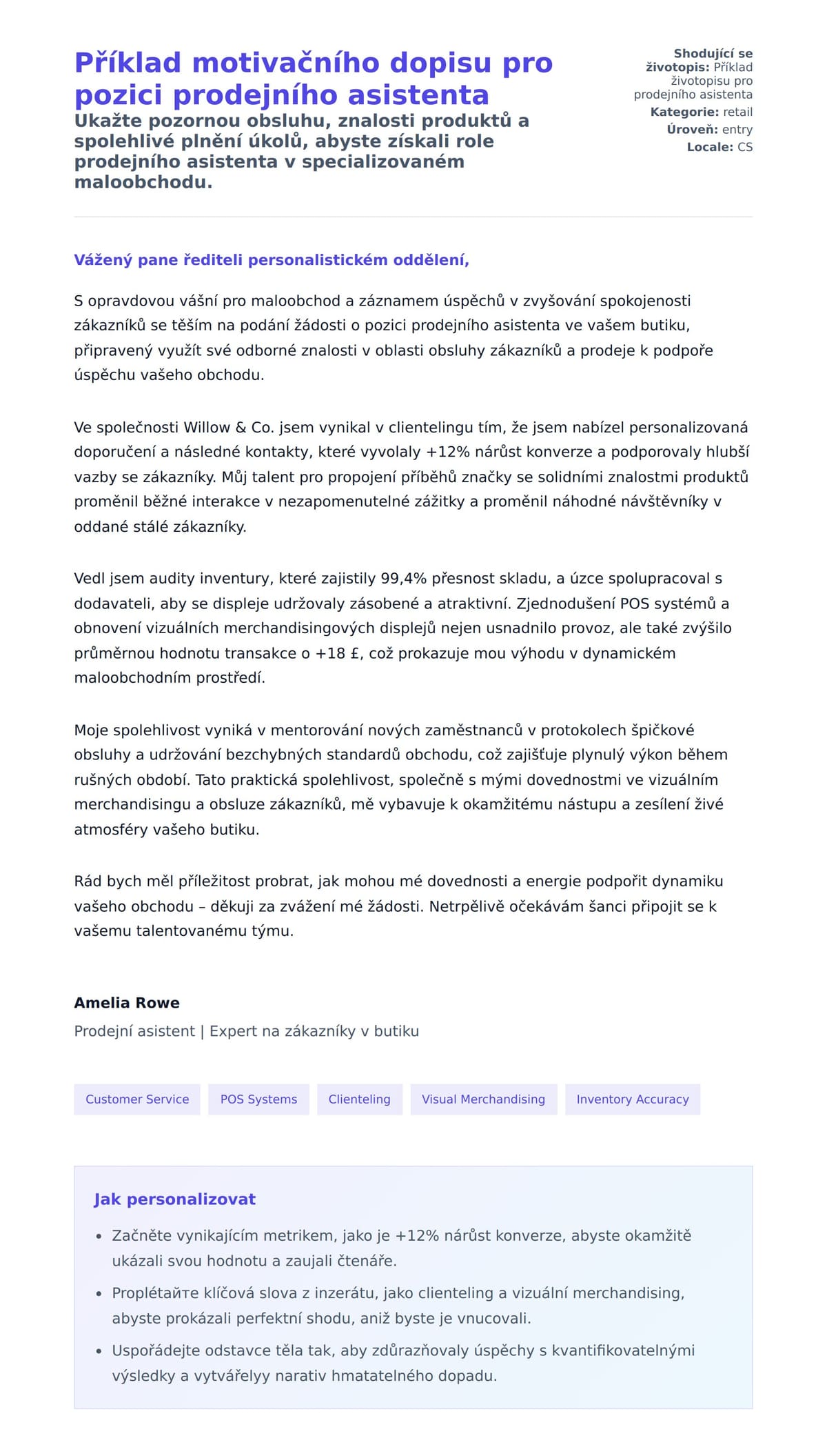 Náhled motivačního dopisu pro Příklad motivačního dopisu pro pozici prodejního asistenta