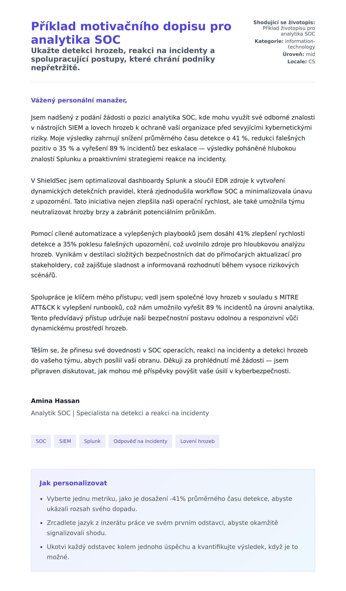 Náhled motivačního dopisu pro Příklad motivačního dopisu pro analytika SOC