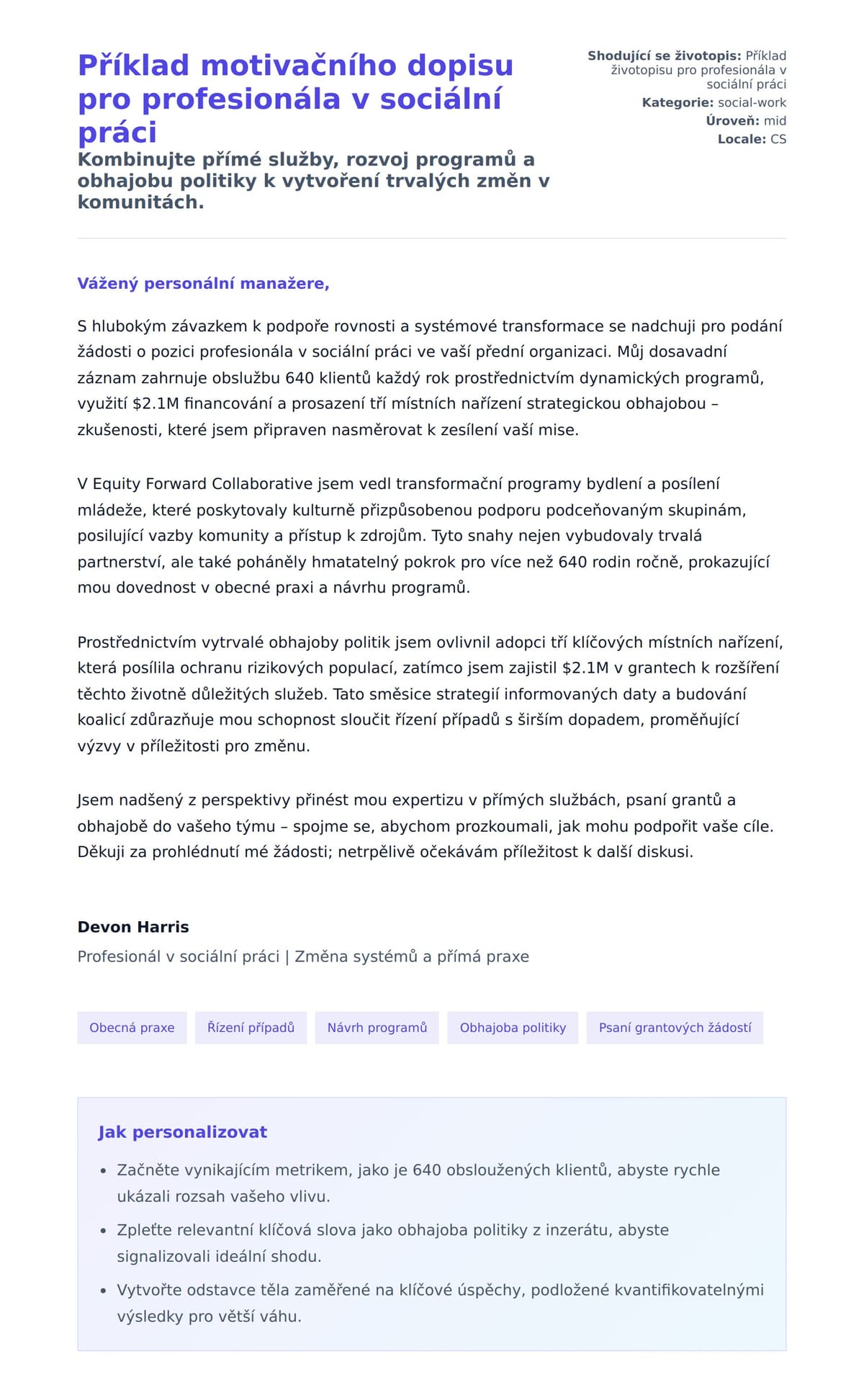 Náhled motivačního dopisu pro Příklad motivačního dopisu pro profesionála v sociální práci