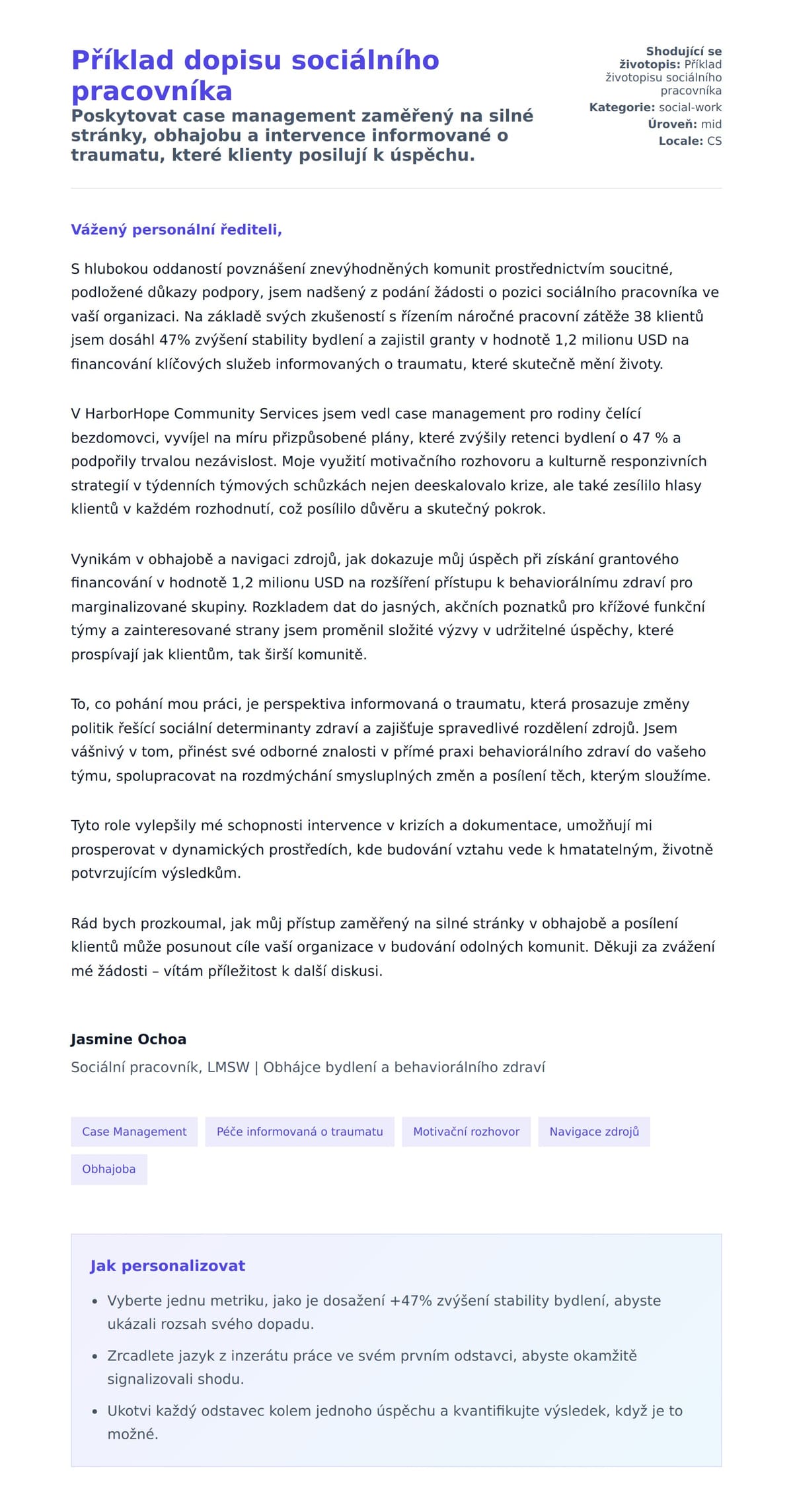 Náhled motivačního dopisu pro Příklad dopisu sociálního pracovníka