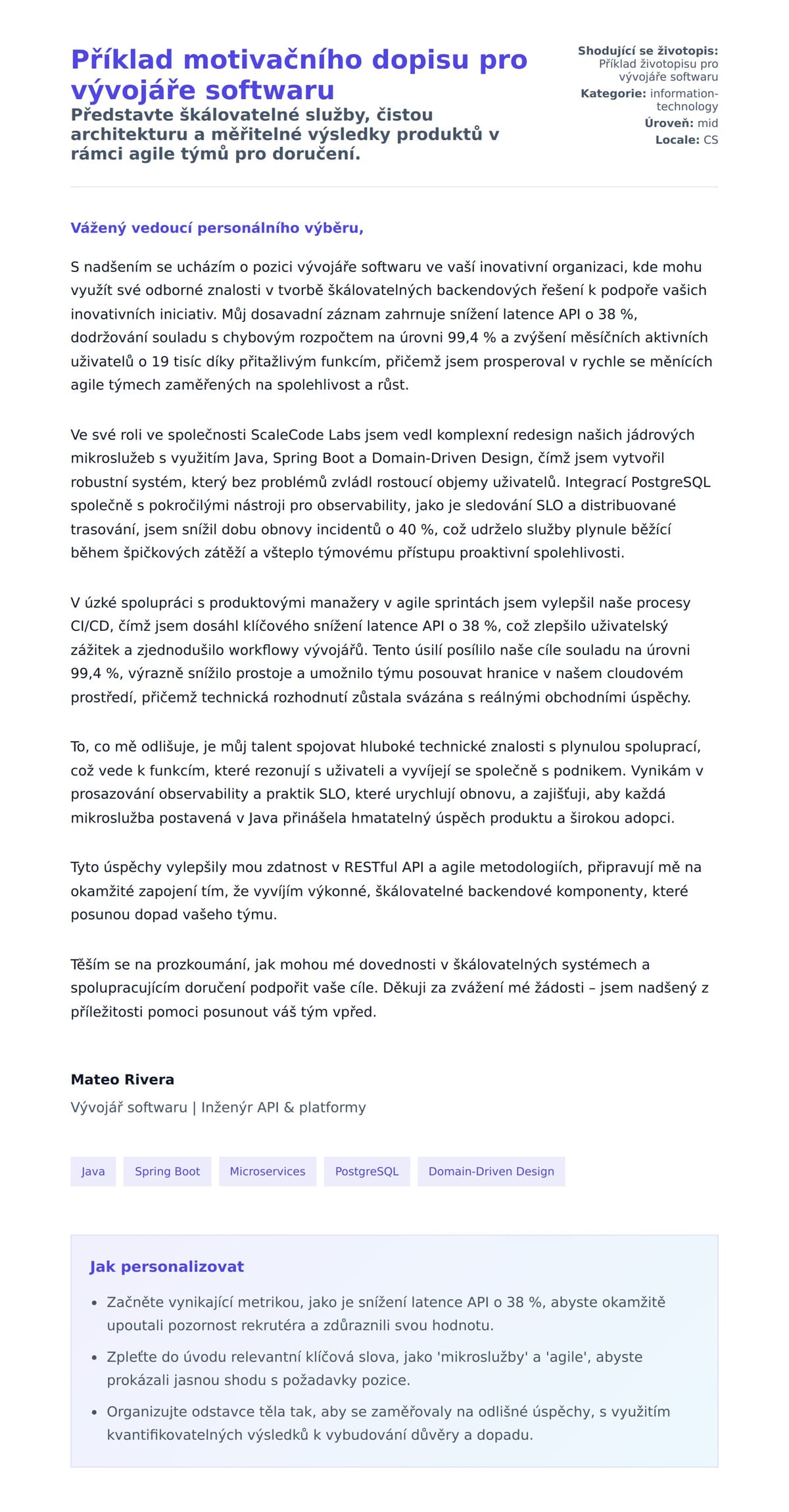 Náhled motivačního dopisu pro Příklad motivačního dopisu pro vývojáře softwaru