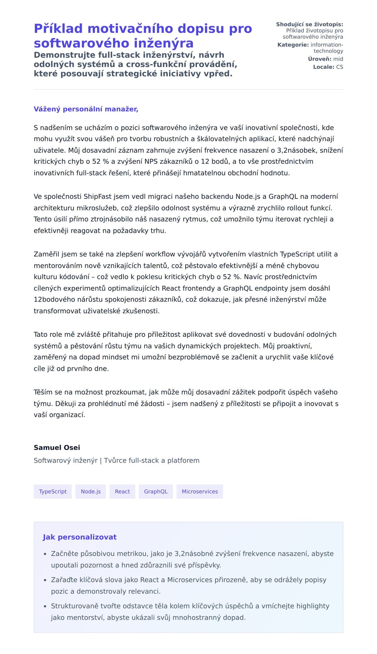 Náhled motivačního dopisu pro Příklad motivačního dopisu pro softwarového inženýra