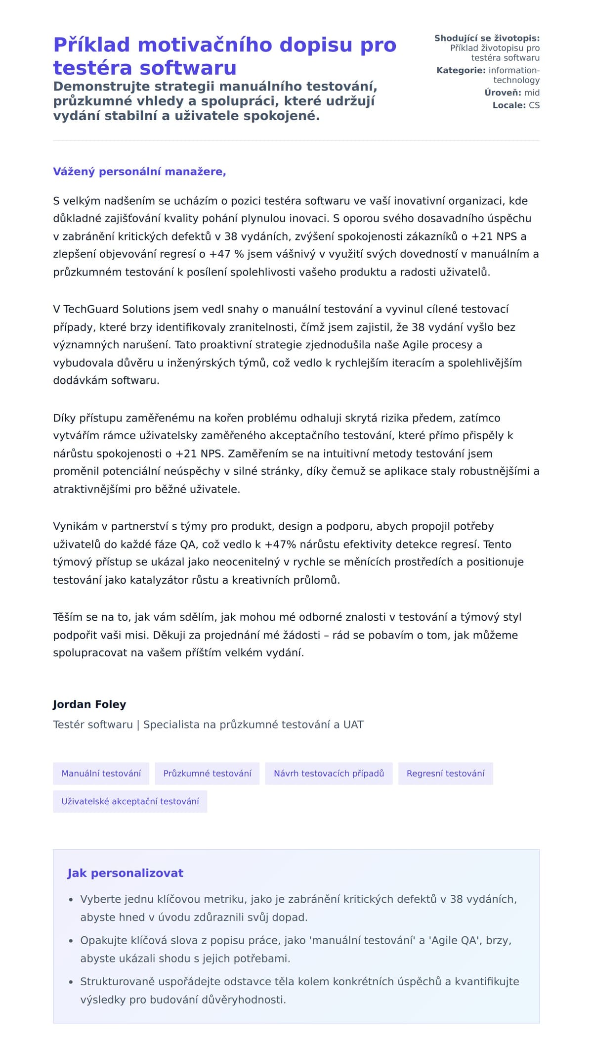 Náhled motivačního dopisu pro Příklad motivačního dopisu pro testéra softwaru