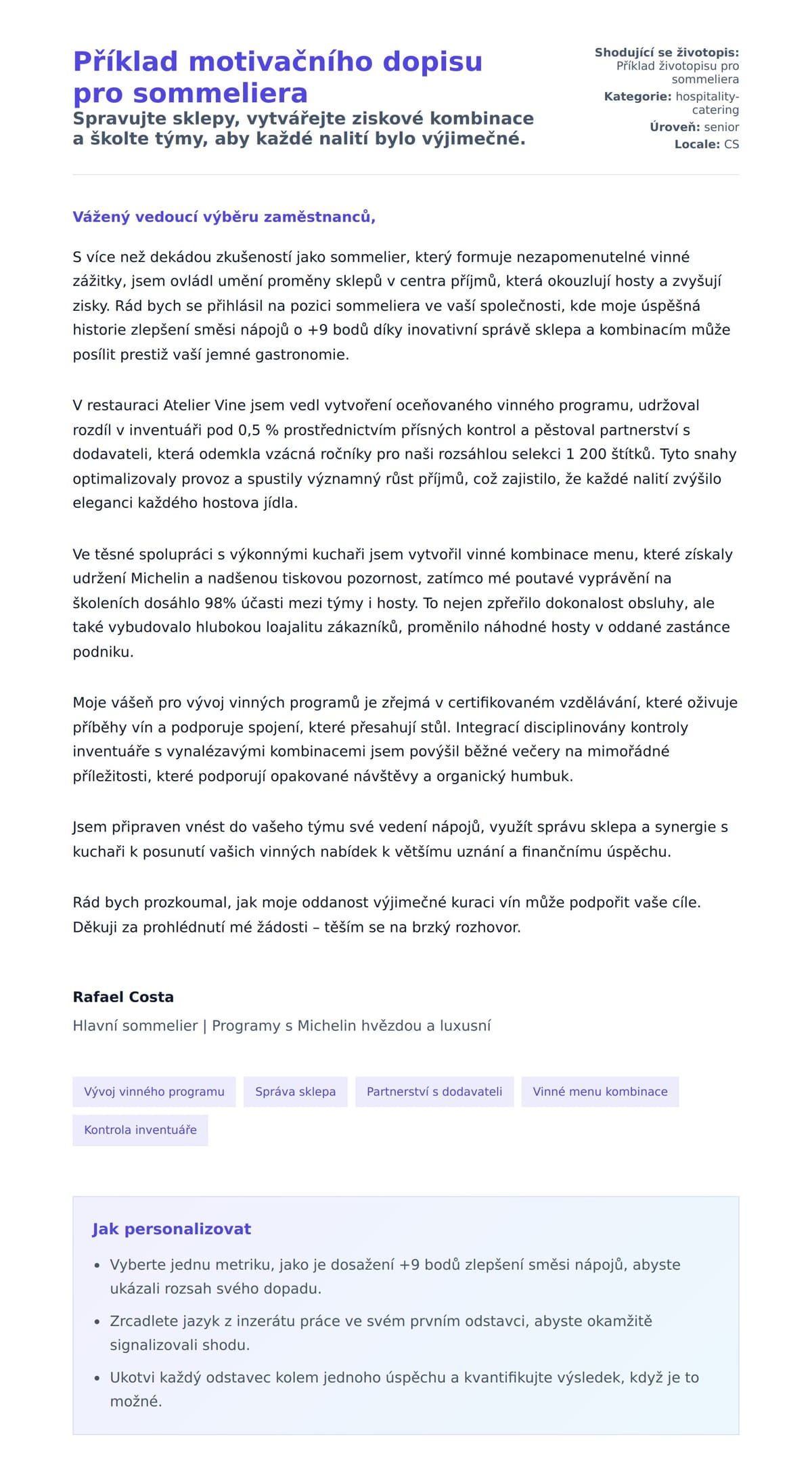 Náhled motivačního dopisu pro Příklad motivačního dopisu pro sommeliera