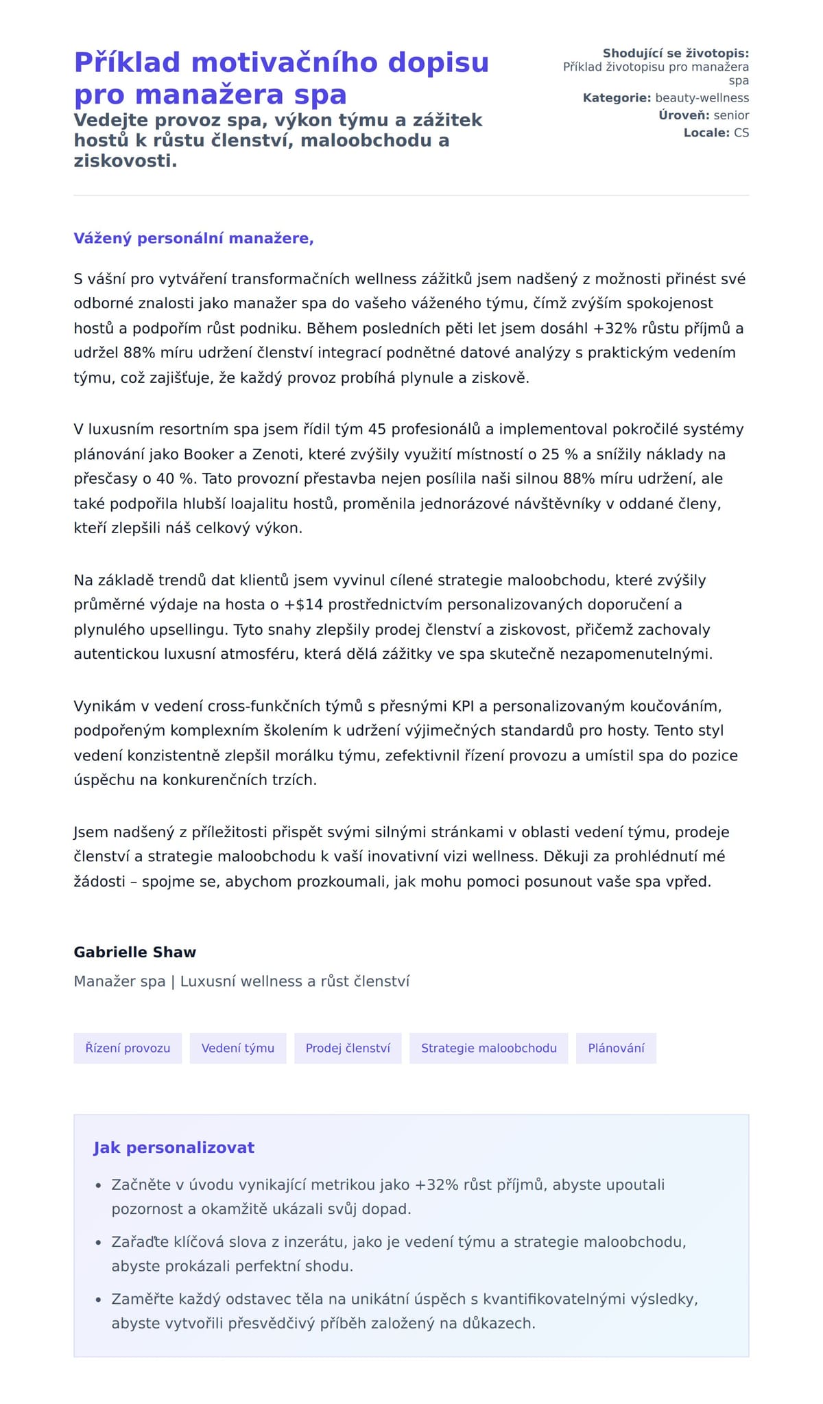 Náhled motivačního dopisu pro Příklad motivačního dopisu pro manažera spa