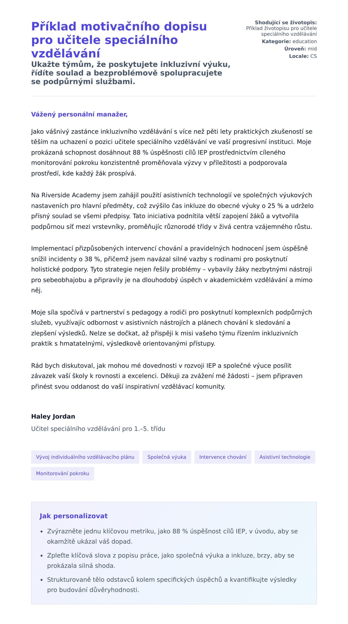Náhled motivačního dopisu pro Příklad motivačního dopisu pro učitele speciálního vzdělávání