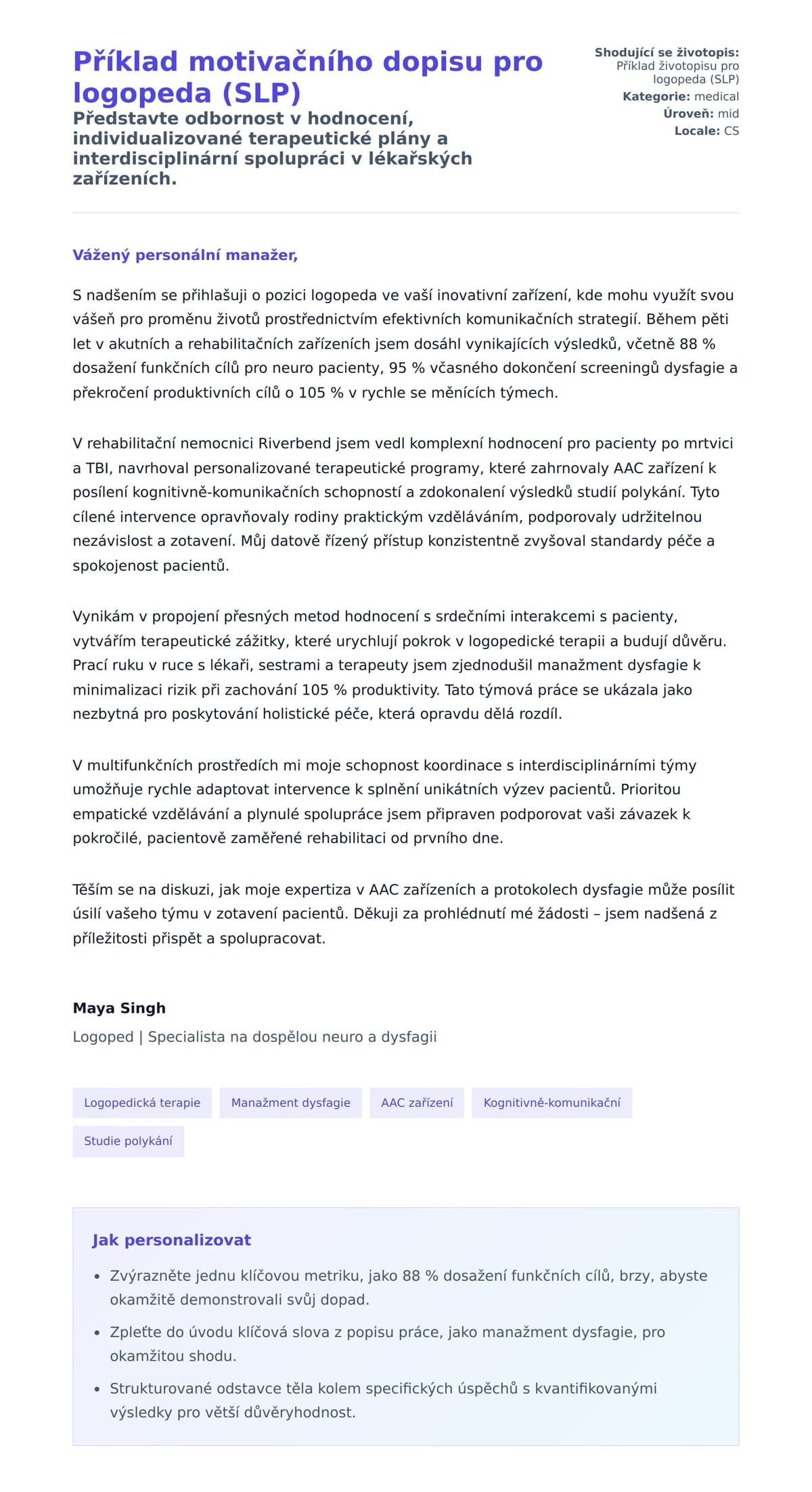 Náhled motivačního dopisu pro Příklad motivačního dopisu pro logopeda (SLP)