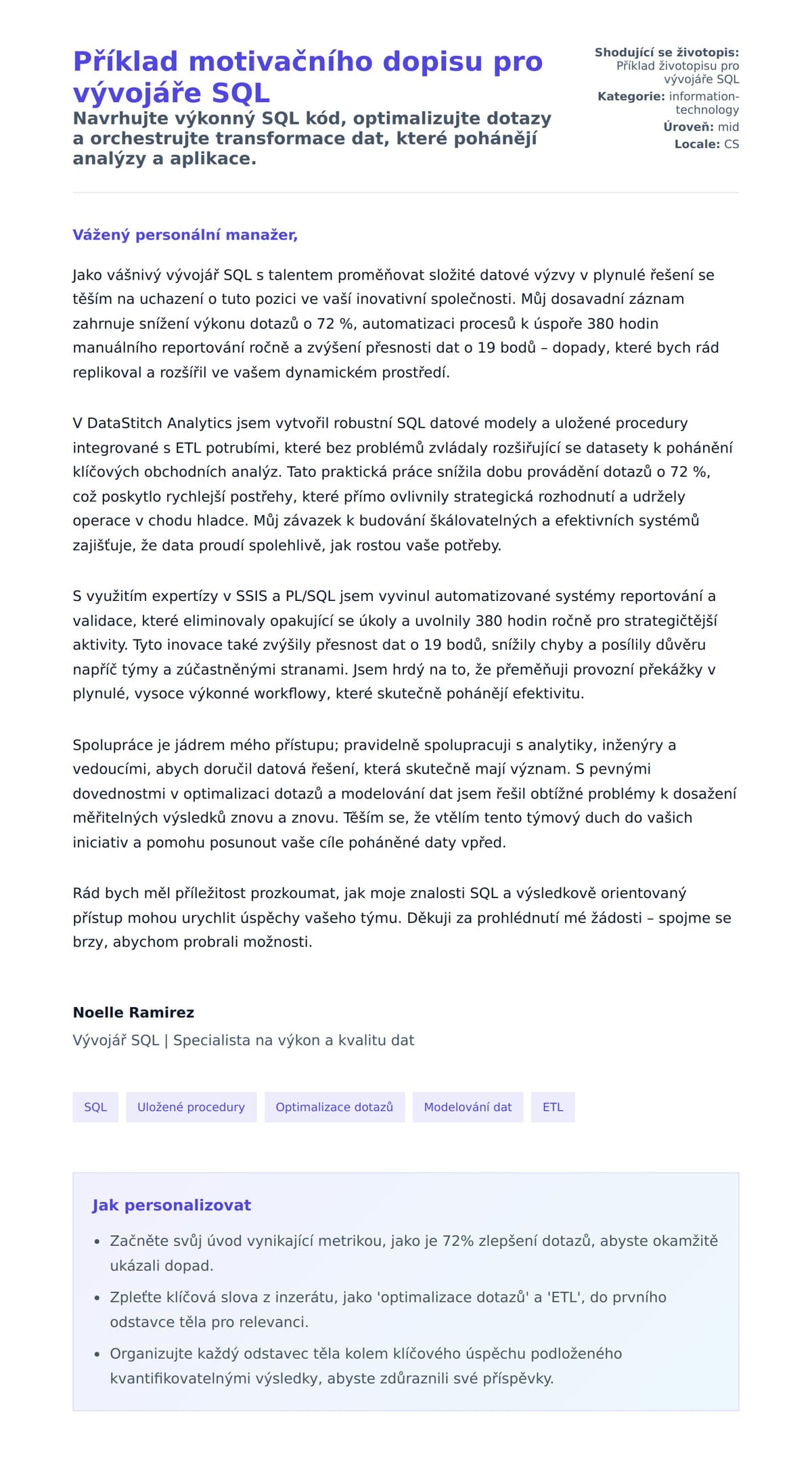 Náhled motivačního dopisu pro Příklad motivačního dopisu pro vývojáře SQL